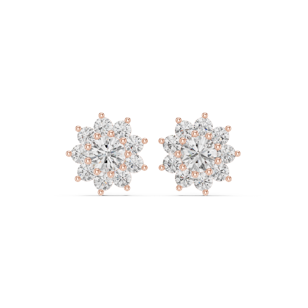 mozow x rose gold halo moissanite stud earrings front view floral sparkle design