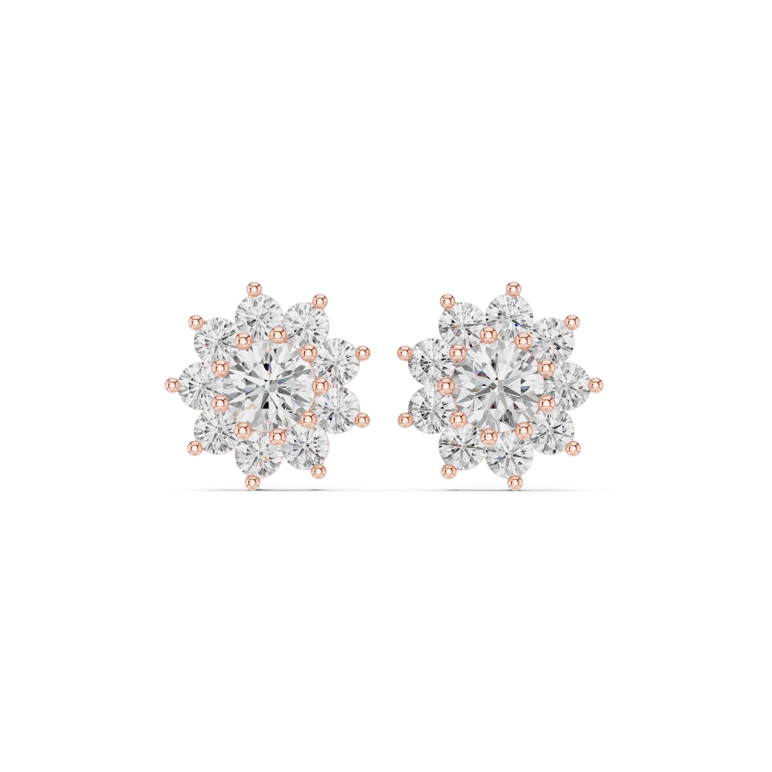 mozow x rose gold halo moissanite stud earrings front view floral sparkle design