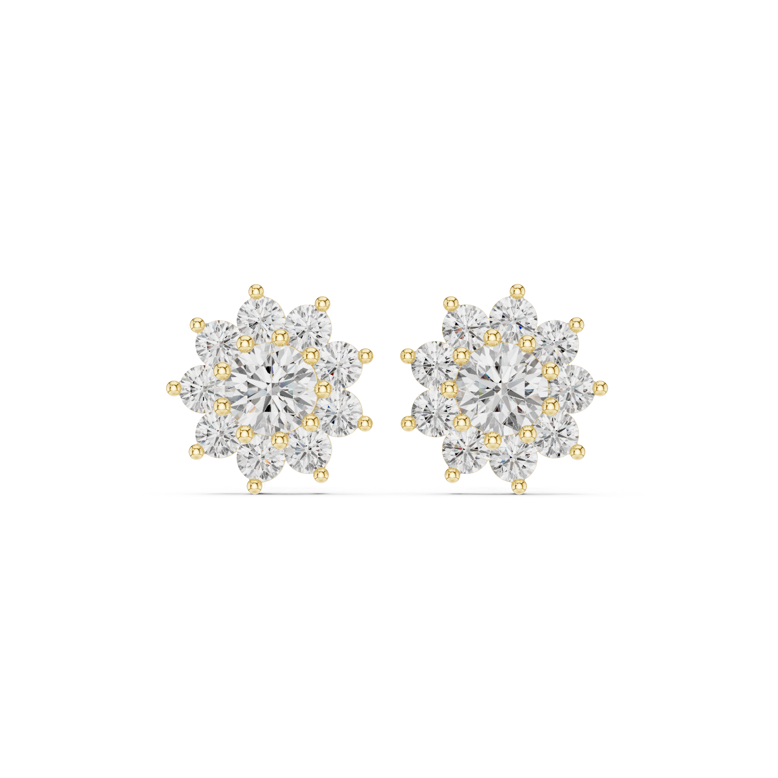 mozow x yellow gold halo moissanite stud earrings front view flower design