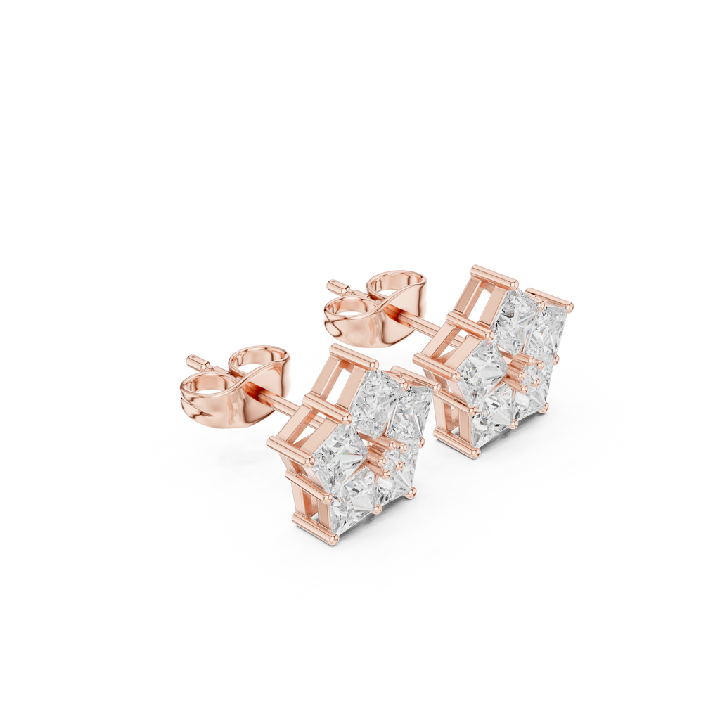 Rose gold princess cut geometric stud earrings top view