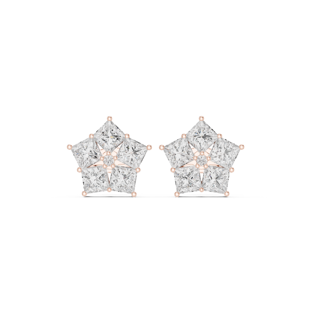 Rose gold princess cluster moissanite stud earrings front view

