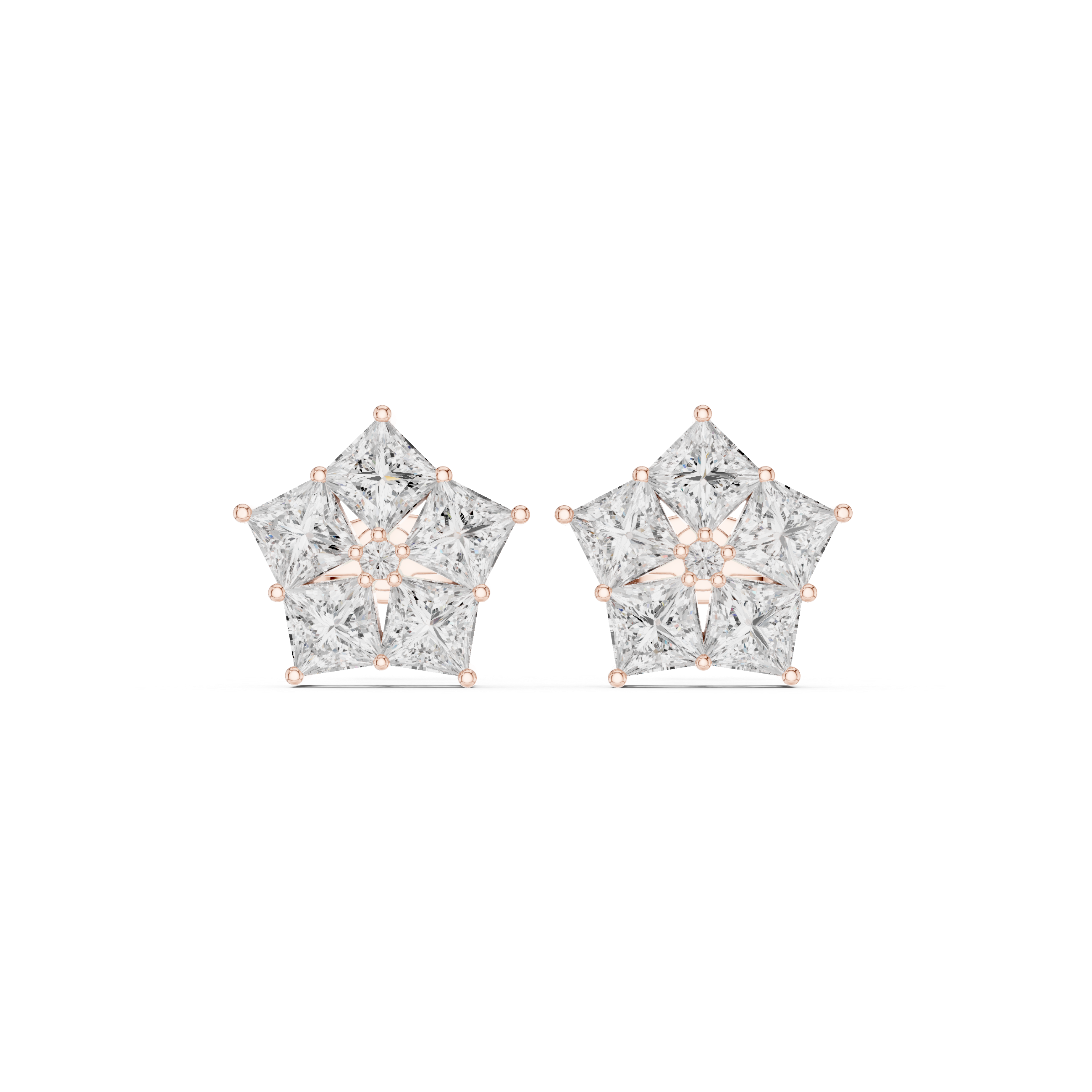 Rose gold princess cluster moissanite stud earrings front view
