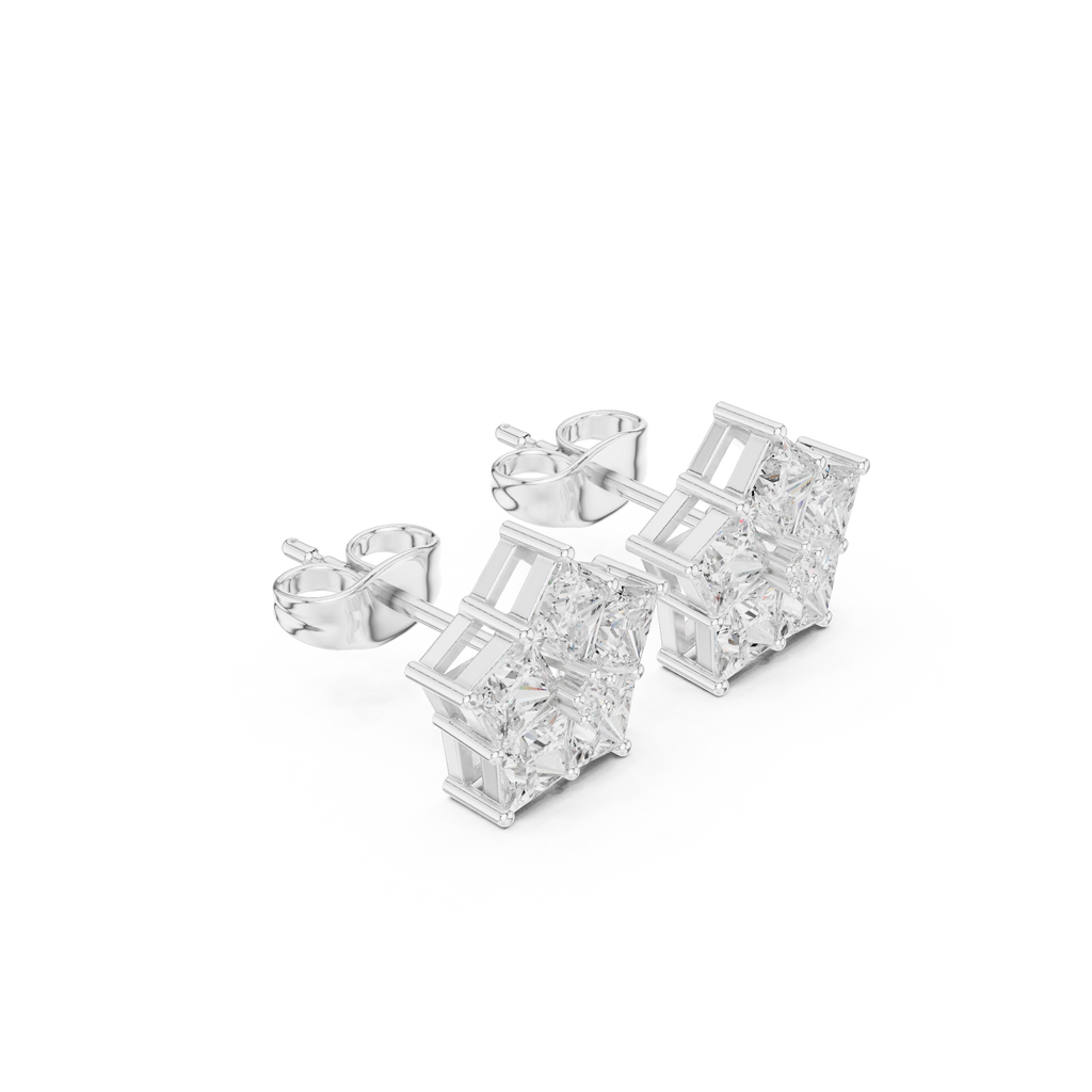 White gold princess cut cluster earrings detailed top view