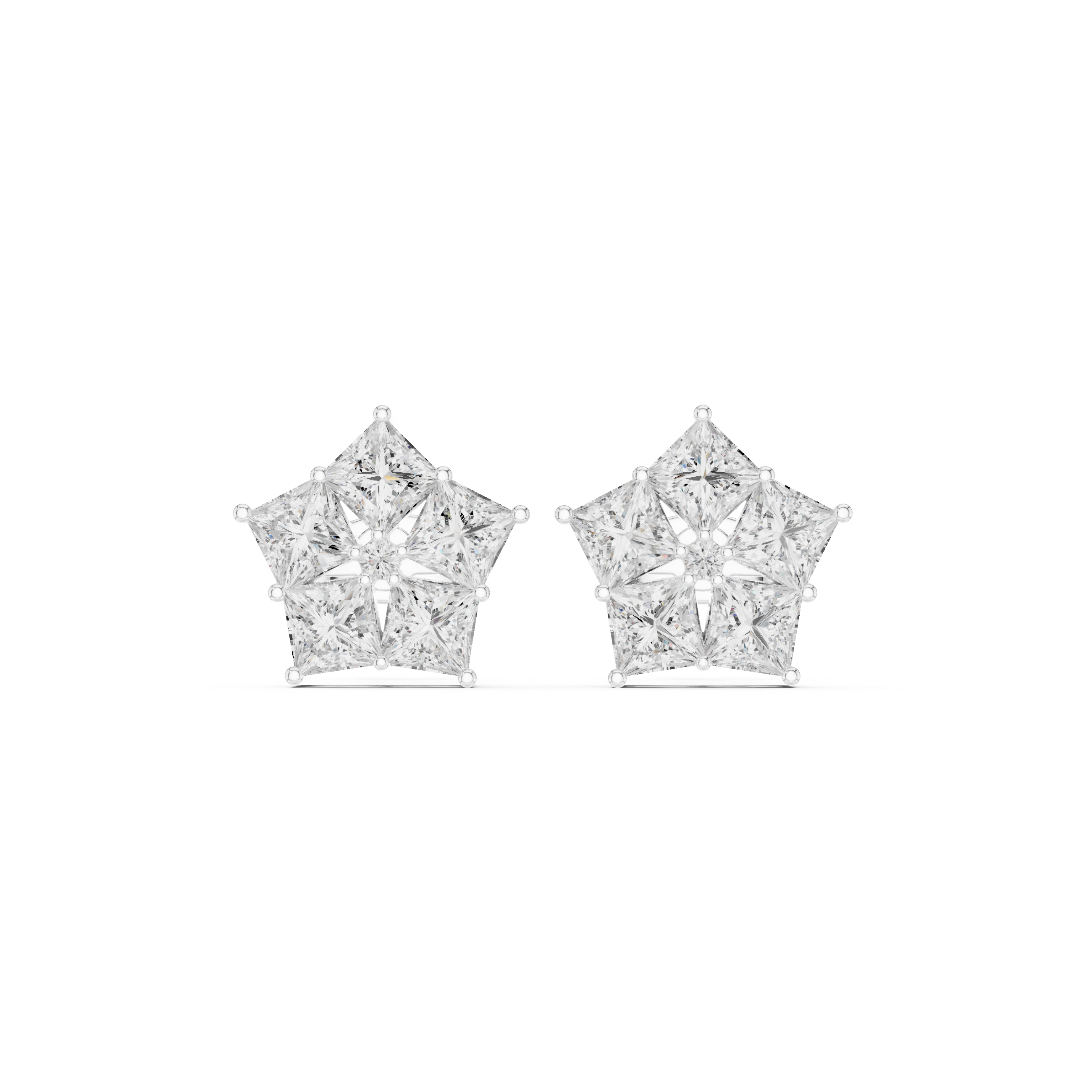 White gold princess cluster moissanite stud earrings front view
