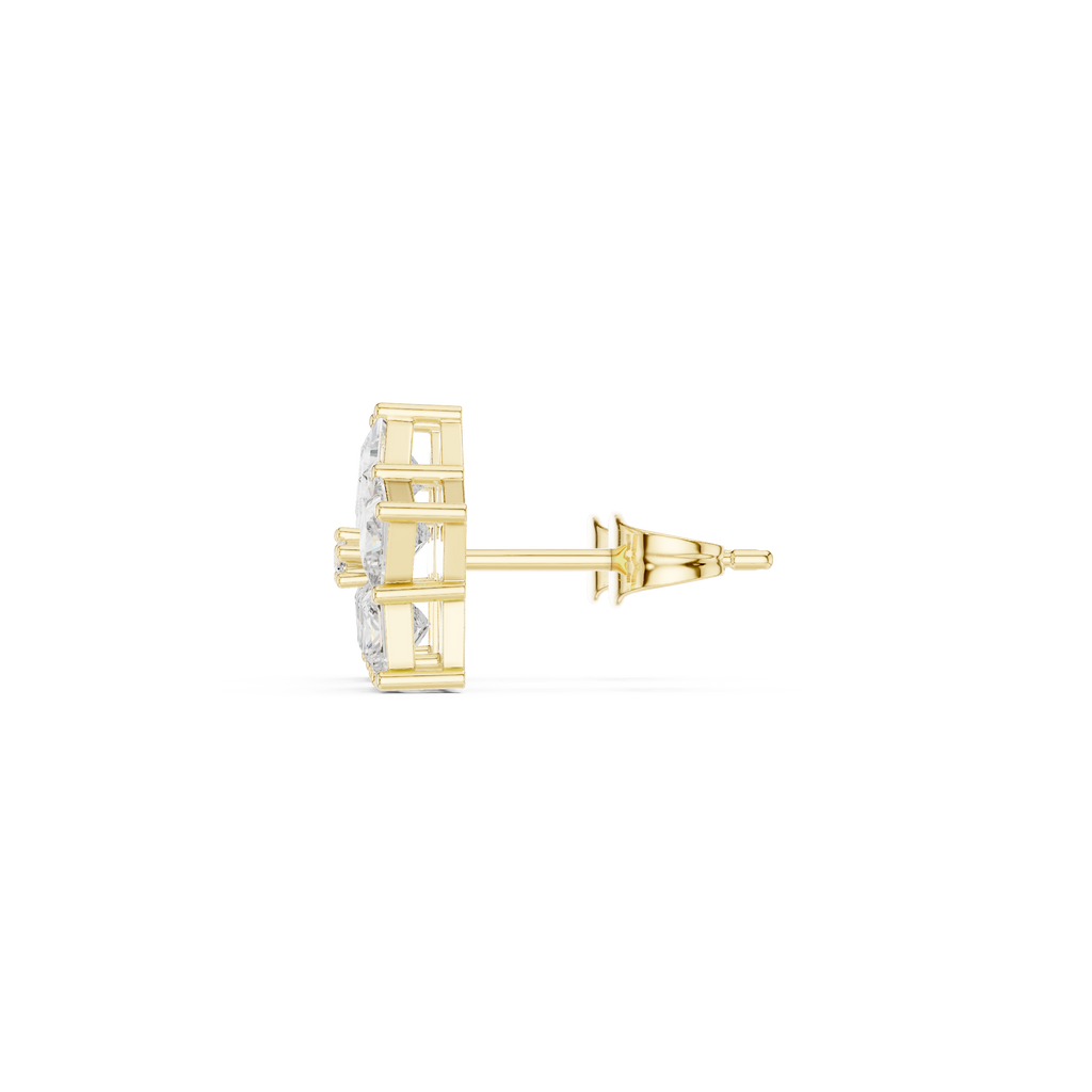 Yellow gold geometric princess moissanite stud earrings side view
