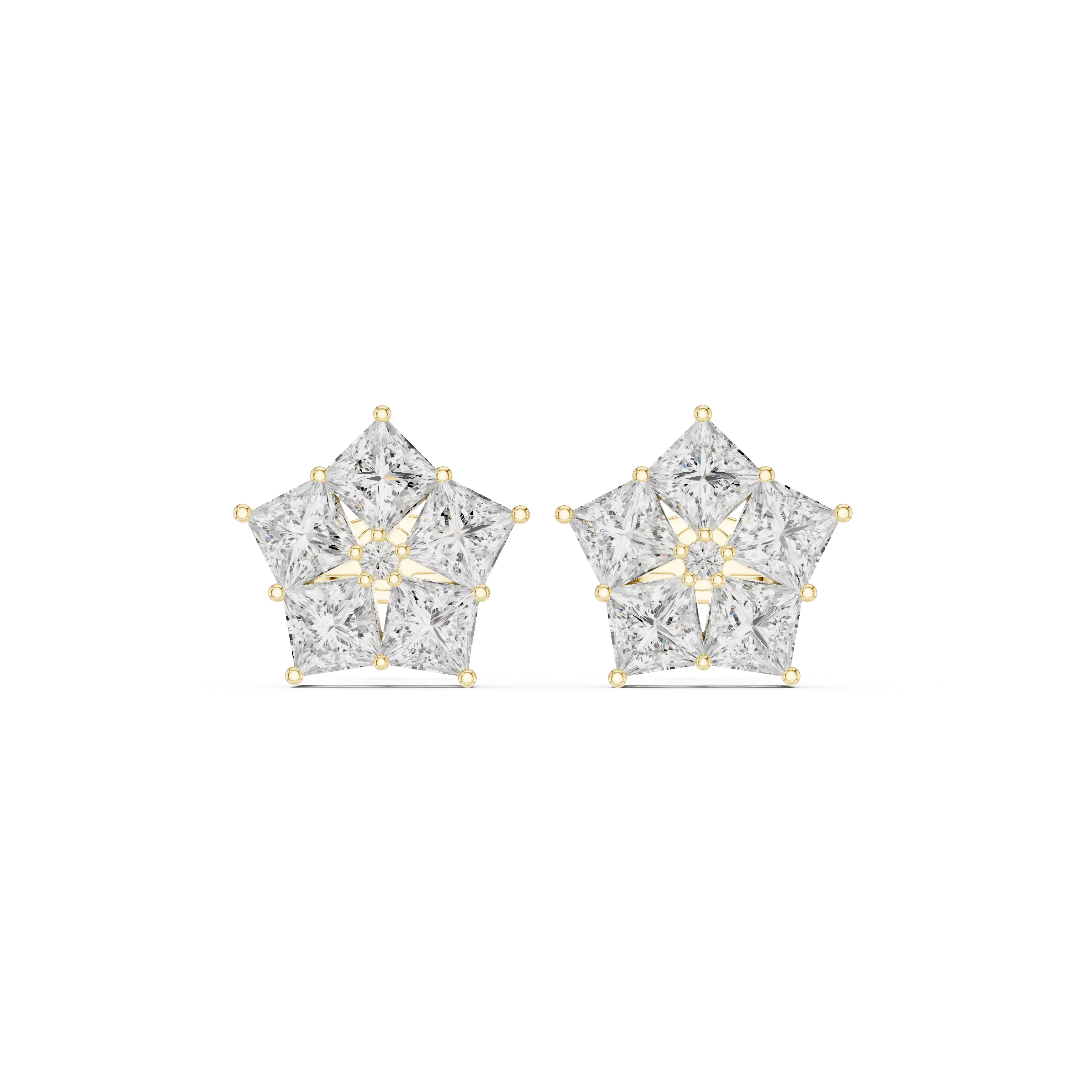 Yellow gold princess star cluster moissanite earrings front view
