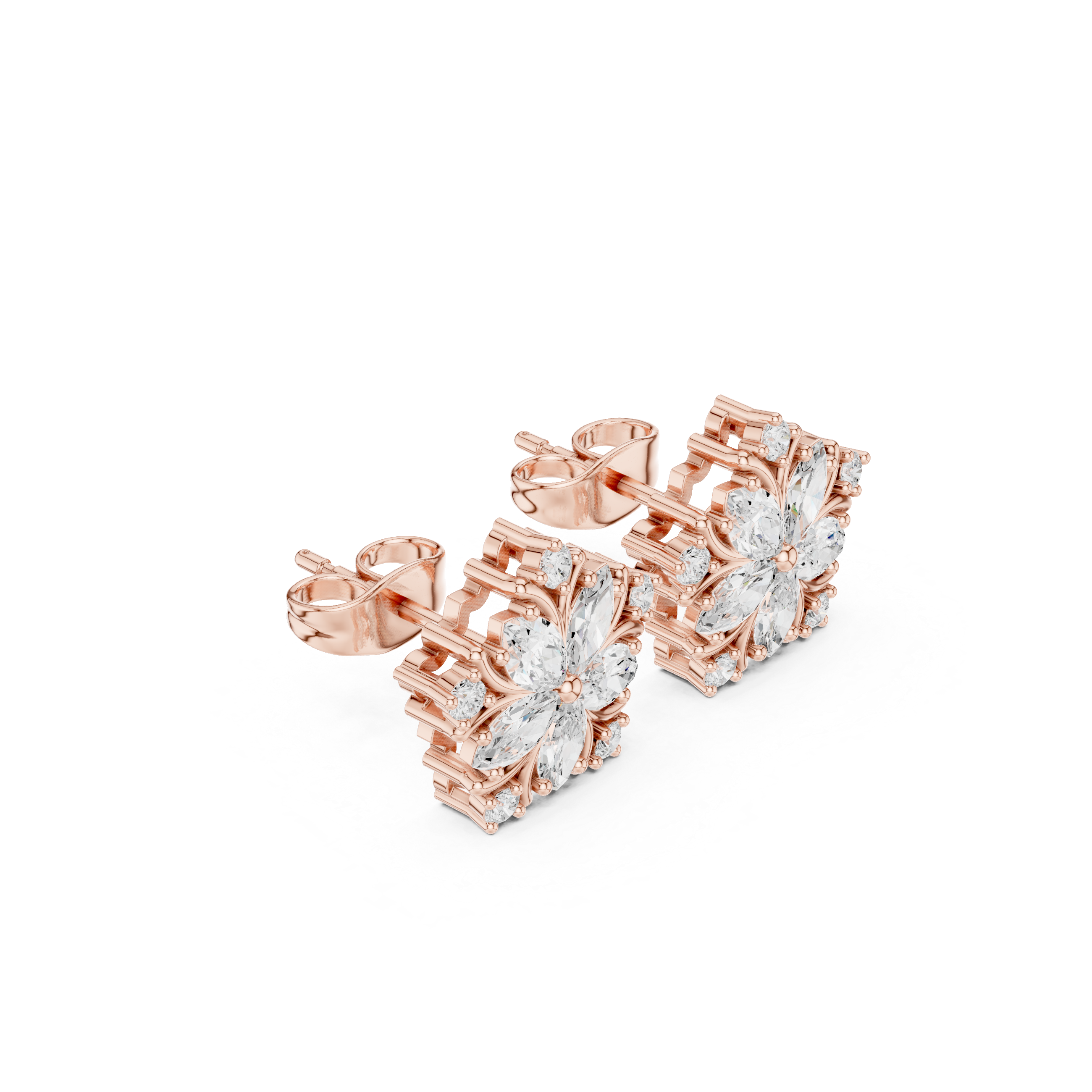 rose gold marquise petal moissanite earrings luxury top view