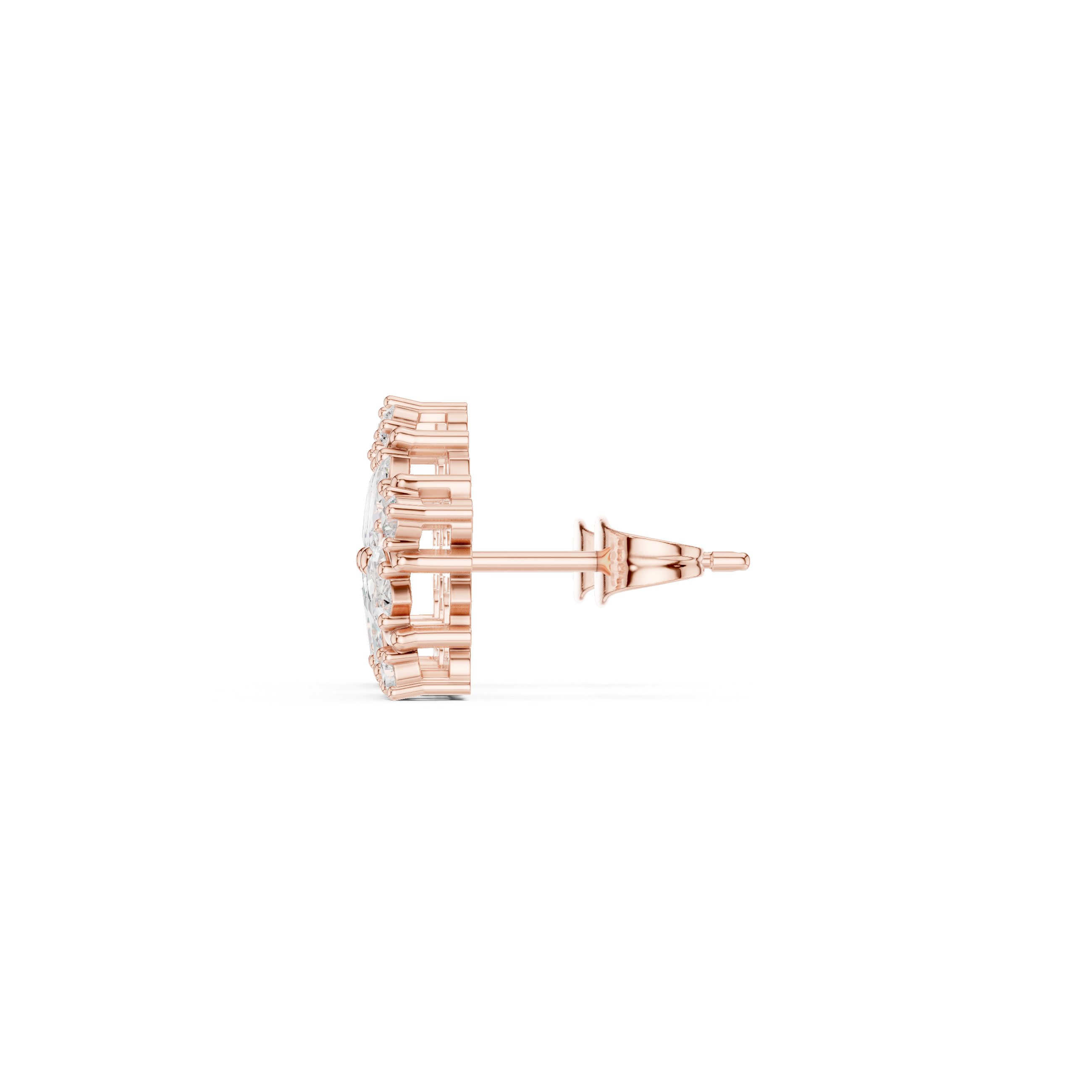 rose gold floral cluster moissanite earrings side view detail
