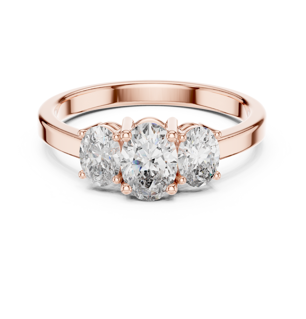 Mozow X three stone oval moissanite engagement ring in rose gold front view
