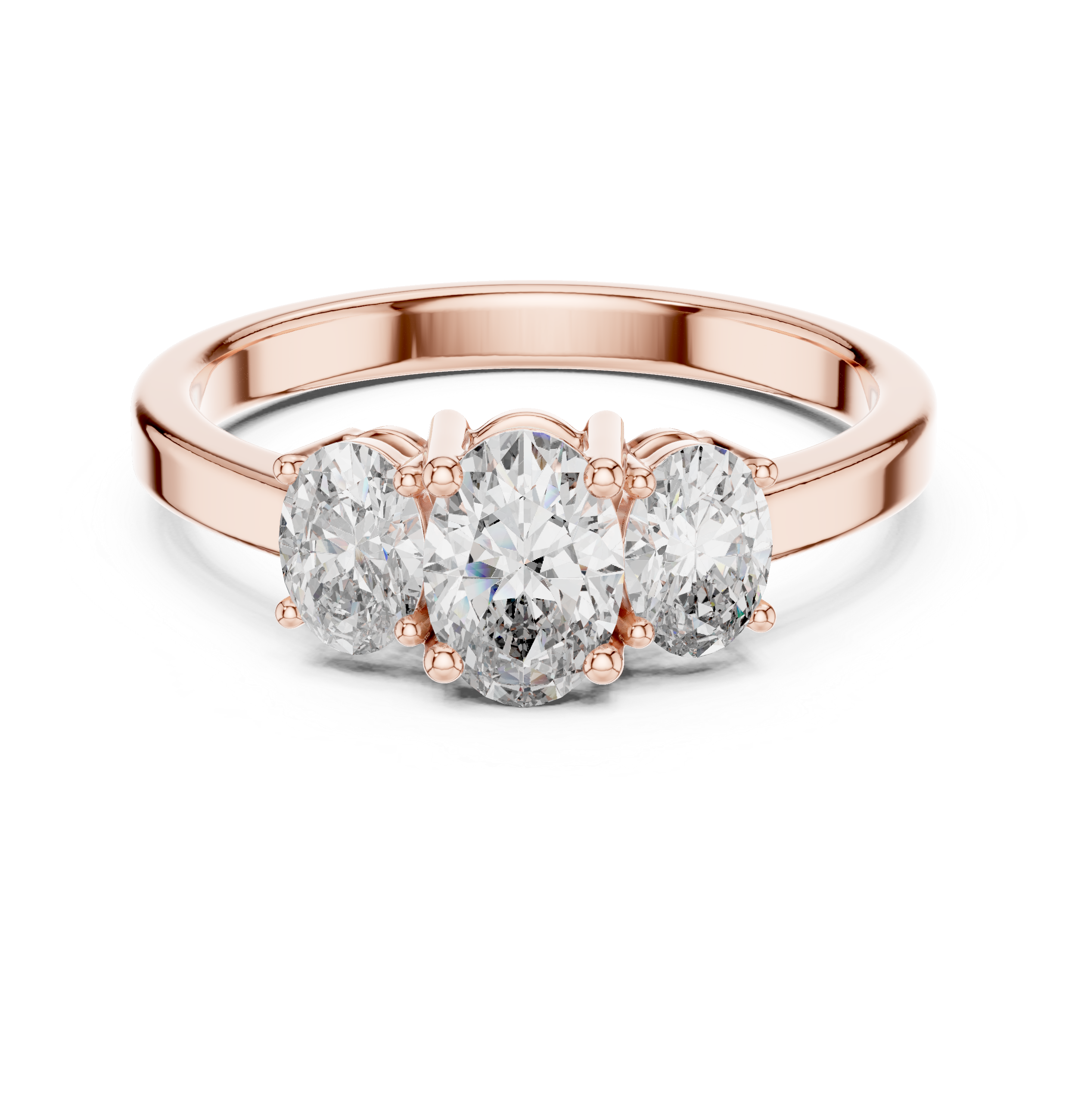 Mozow X three stone oval moissanite engagement ring in rose gold front view