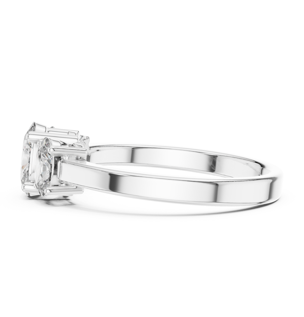 White gold oval three stone engagement ring prong setting side profile