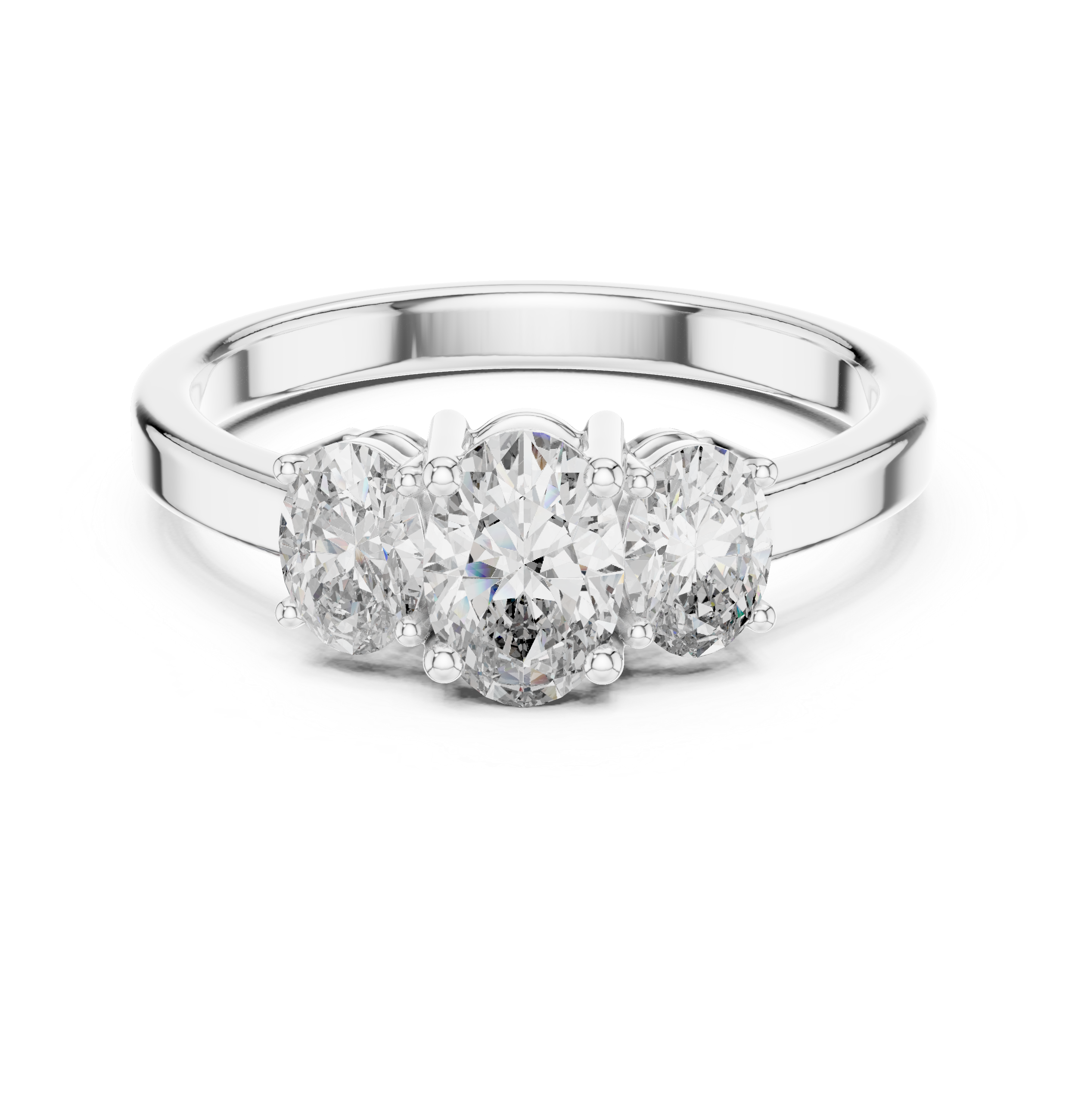 Mozow X three stone oval moissanite engagement ring in white gold front view