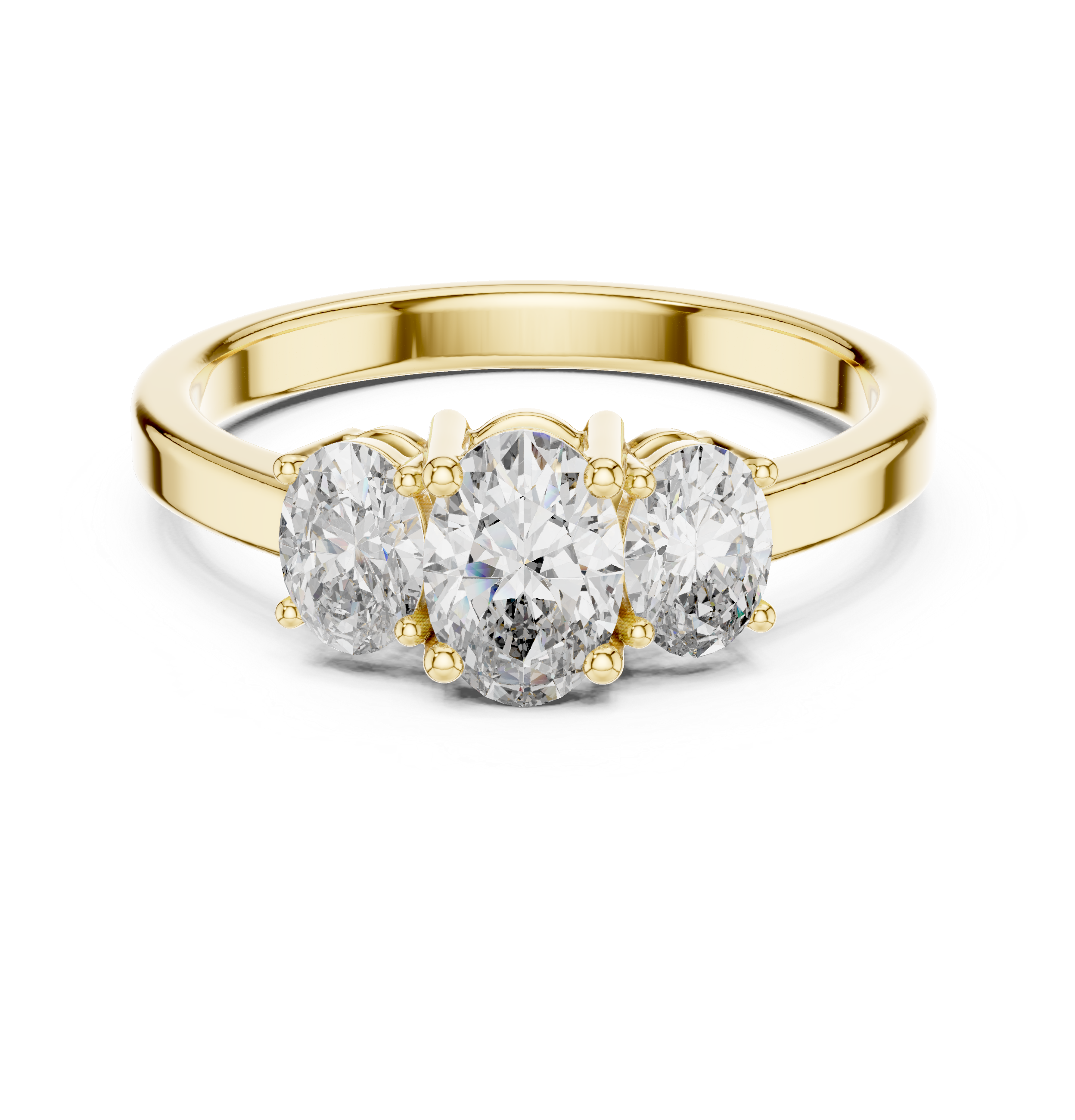 Mozow X three stone oval moissanite engagement ring in yellow gold front view