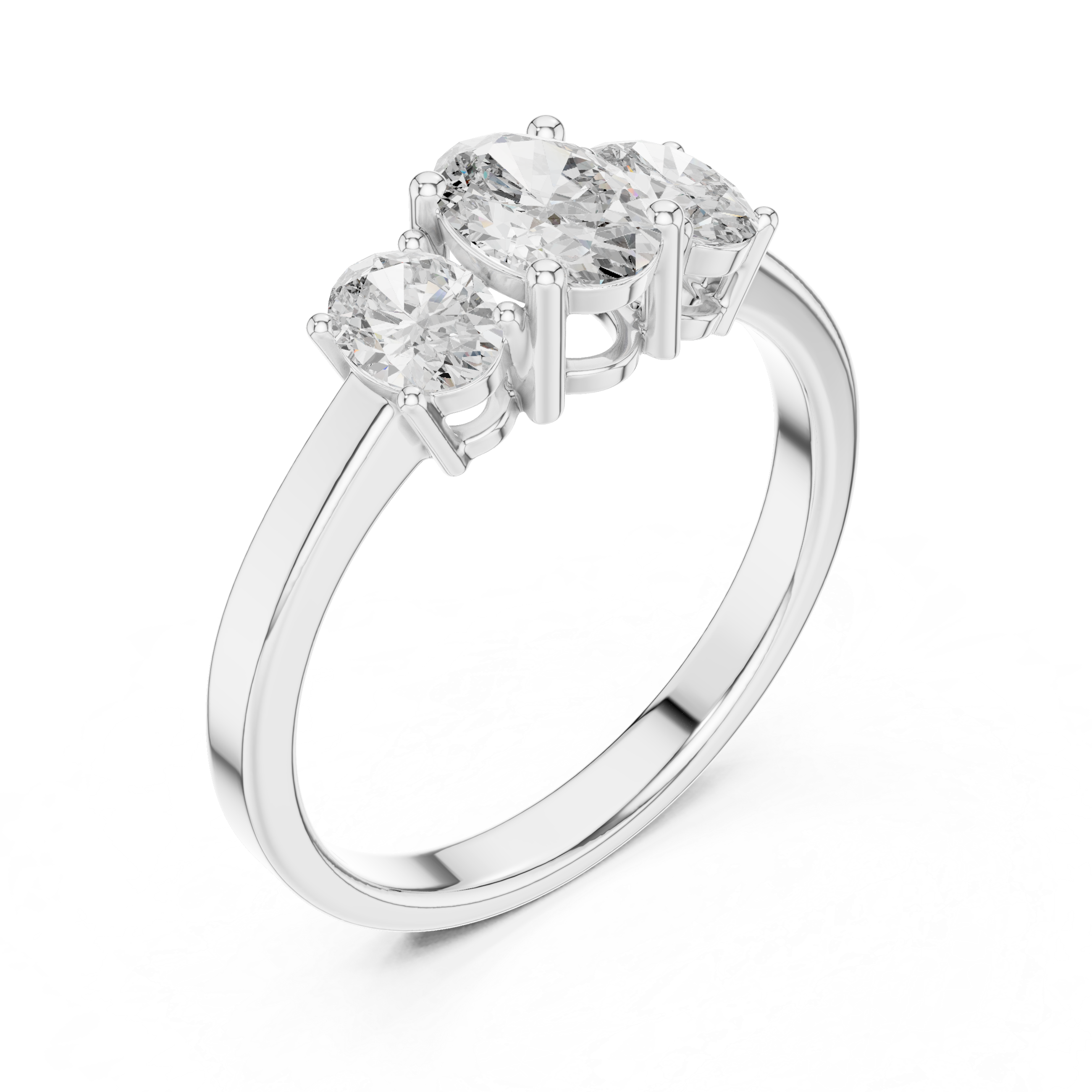 Angled white gold three stone oval proposal ring with brilliant sparkle