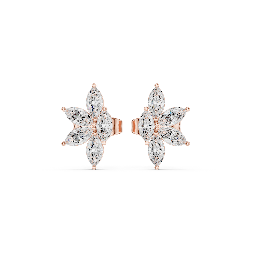 Front angle rose gold floral moissanite stud earrings
