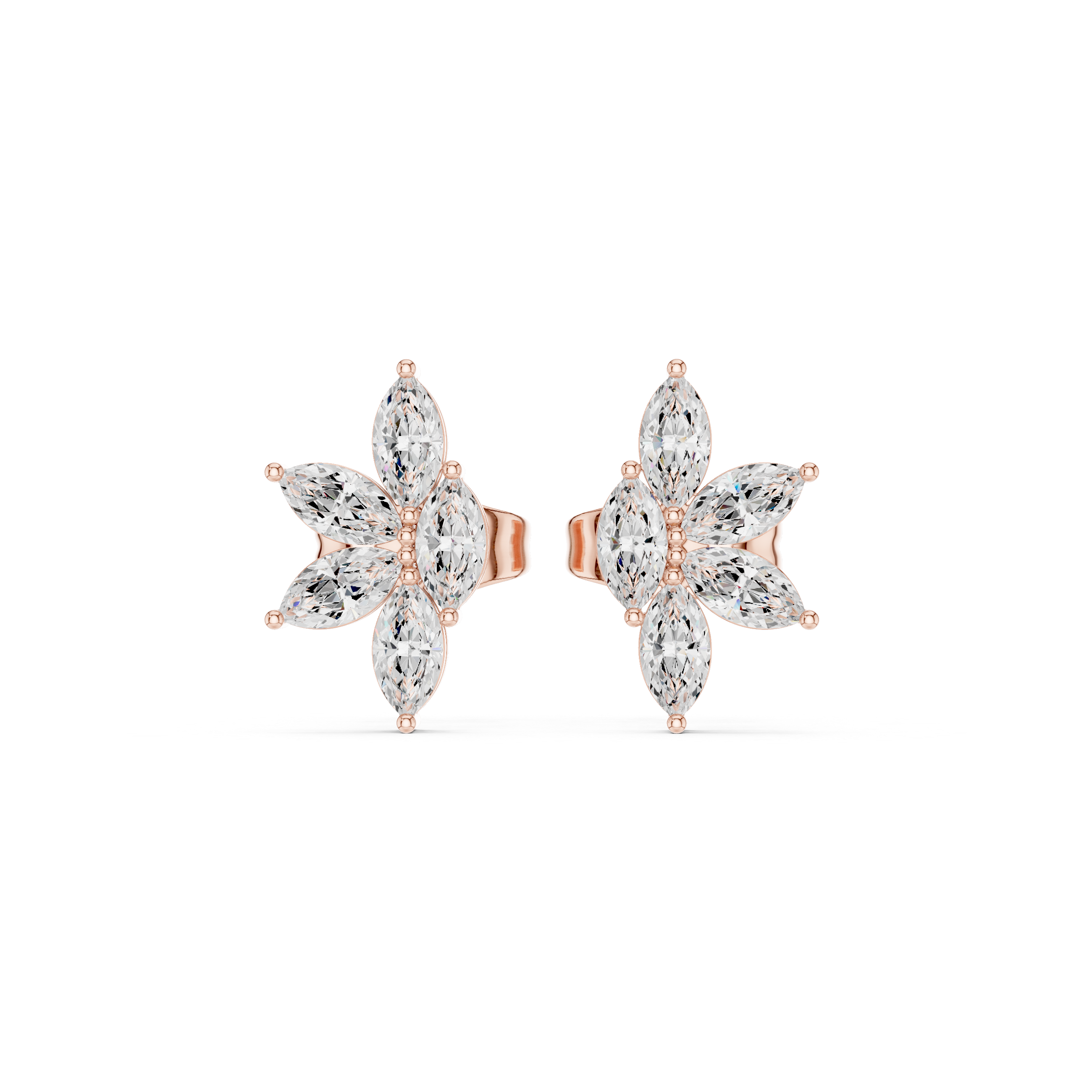 Front angle rose gold floral moissanite stud earrings

