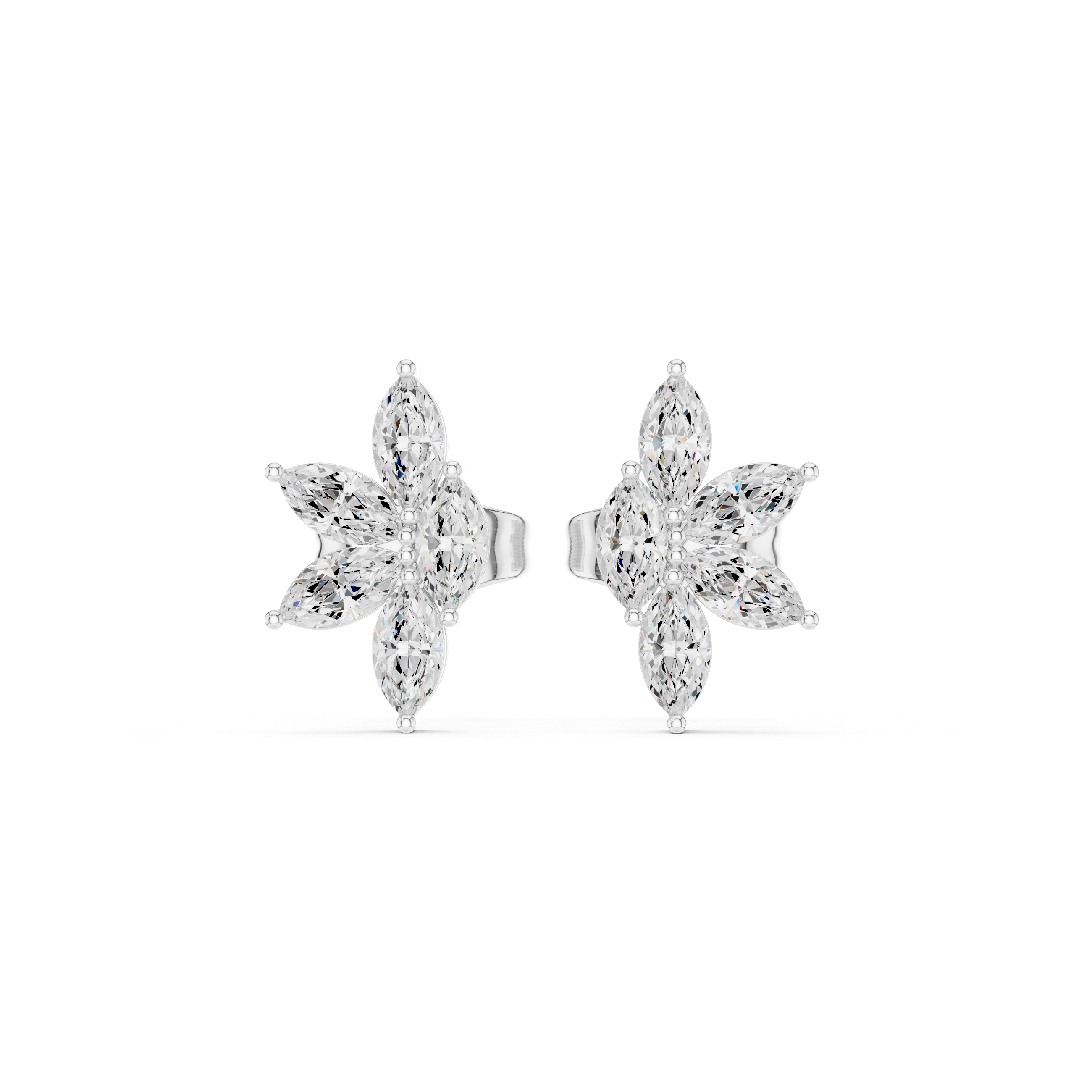 Front angle white gold floral moissanite stud earrings

