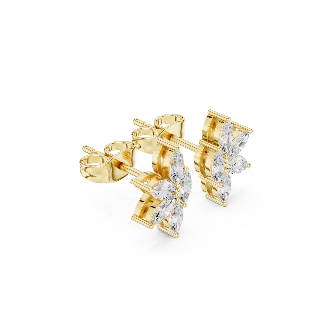 Top view yellow gold marquise moissanite flower earrings

