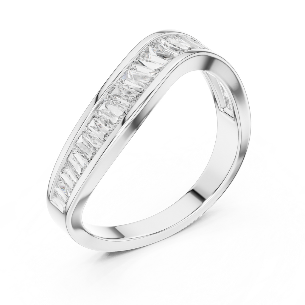 Silver ring with baguette-cut diamonds on a white background