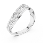 Silver ring with baguette-cut diamonds on a white background