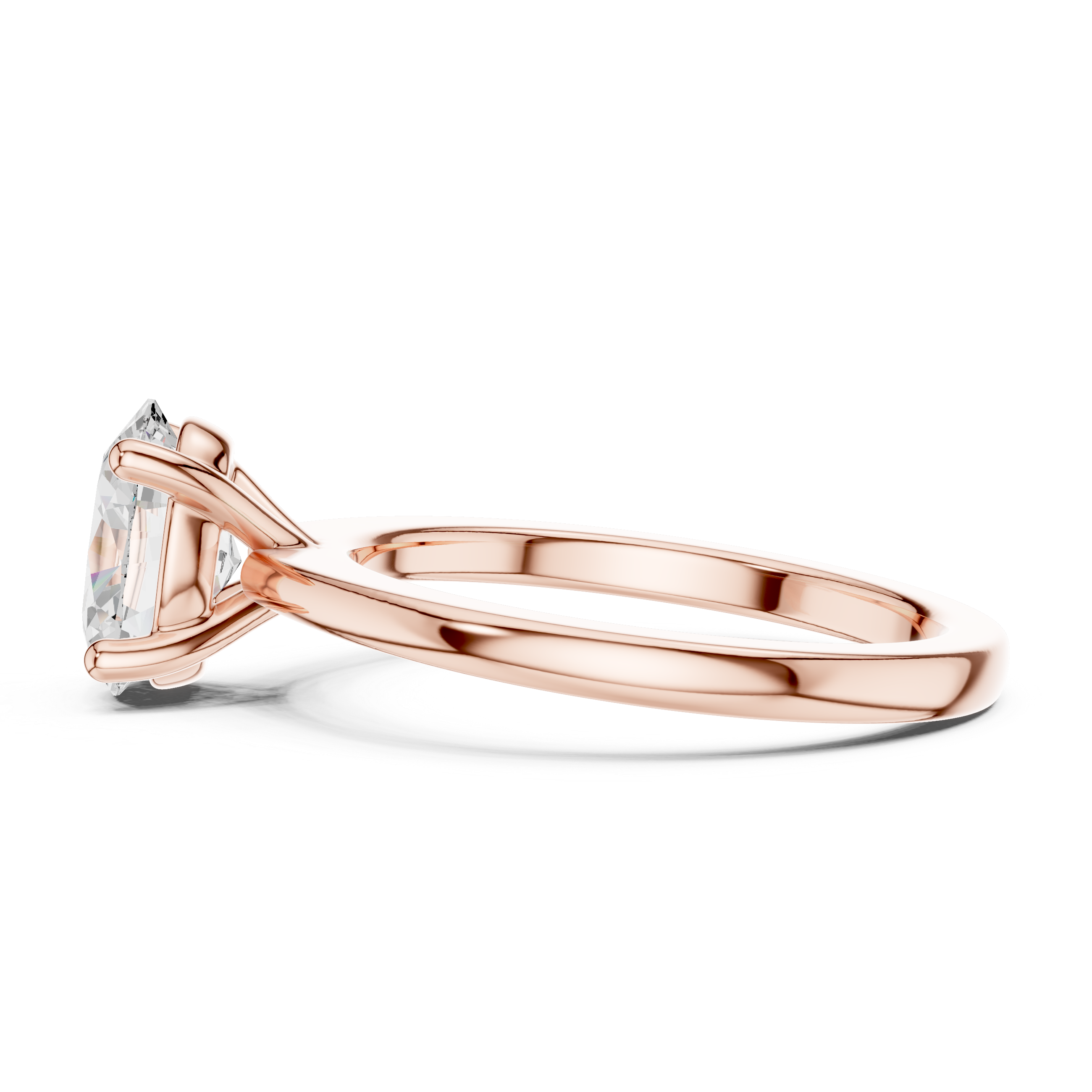 Side View: Rose gold oval engagement ring with sleek polished shank
