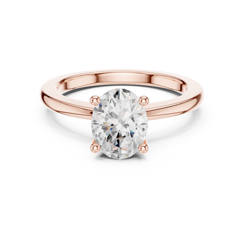 Front View: Rose gold oval cut moissanite ring with romantic warm tone finish
