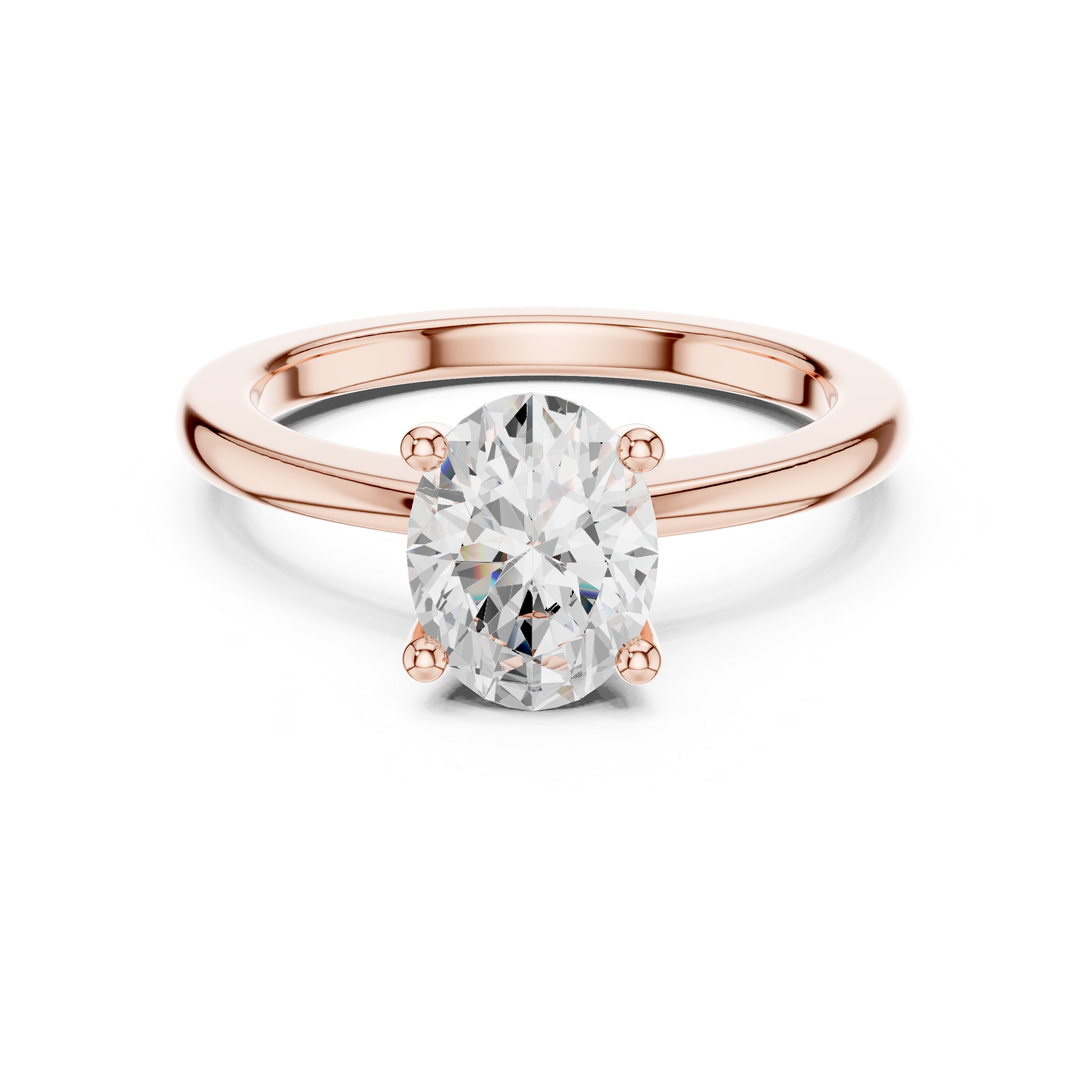 Front View: Rose gold oval cut moissanite ring with romantic warm tone finish
