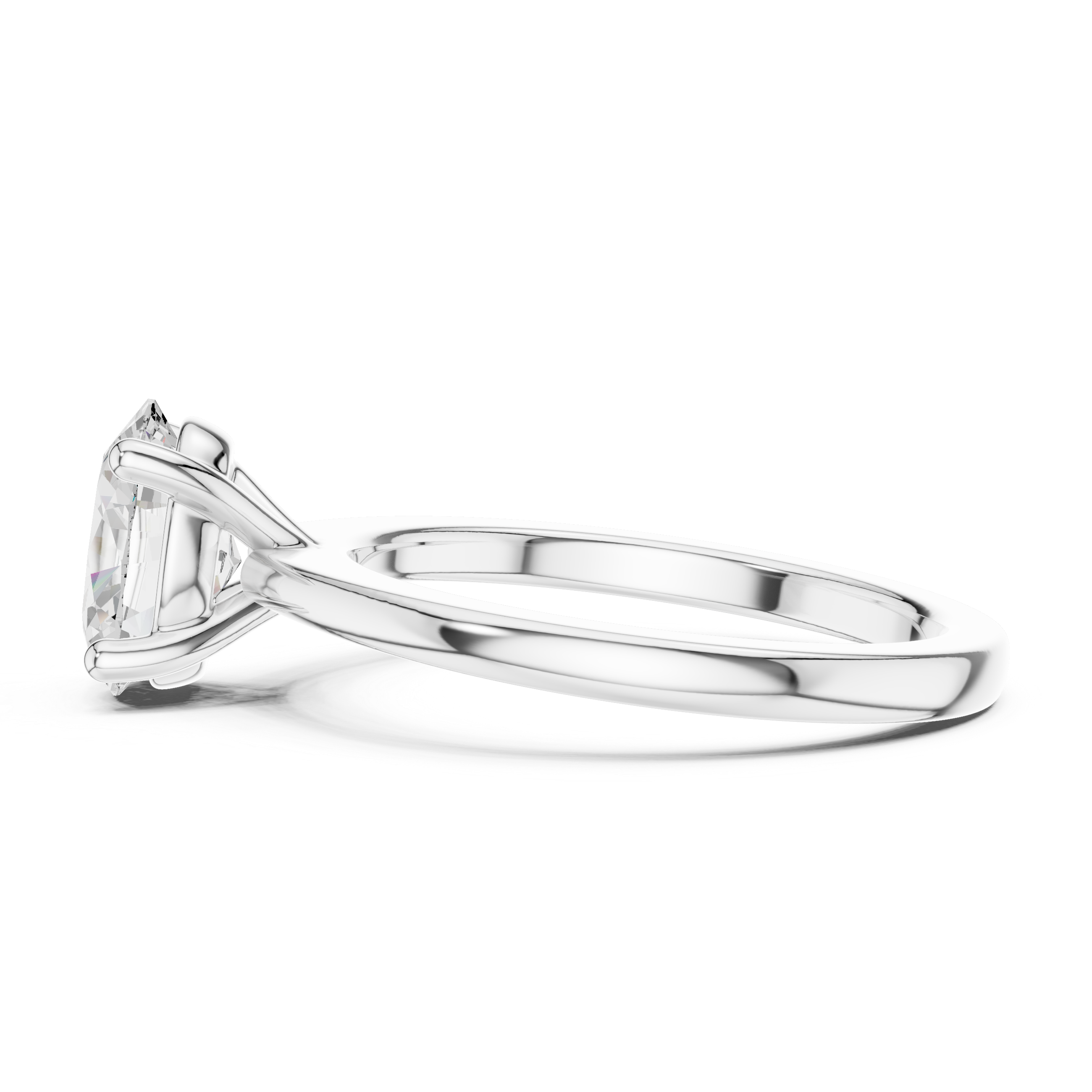 Side View: White gold oval solitaire ring showing elevated prong basket design
