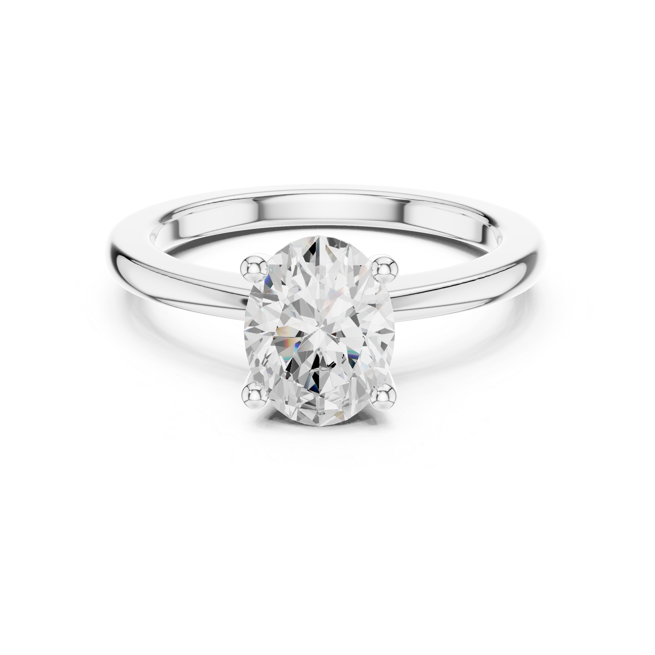 Front View: White gold oval cut moissanite solitaire ring with classic four prong setting

