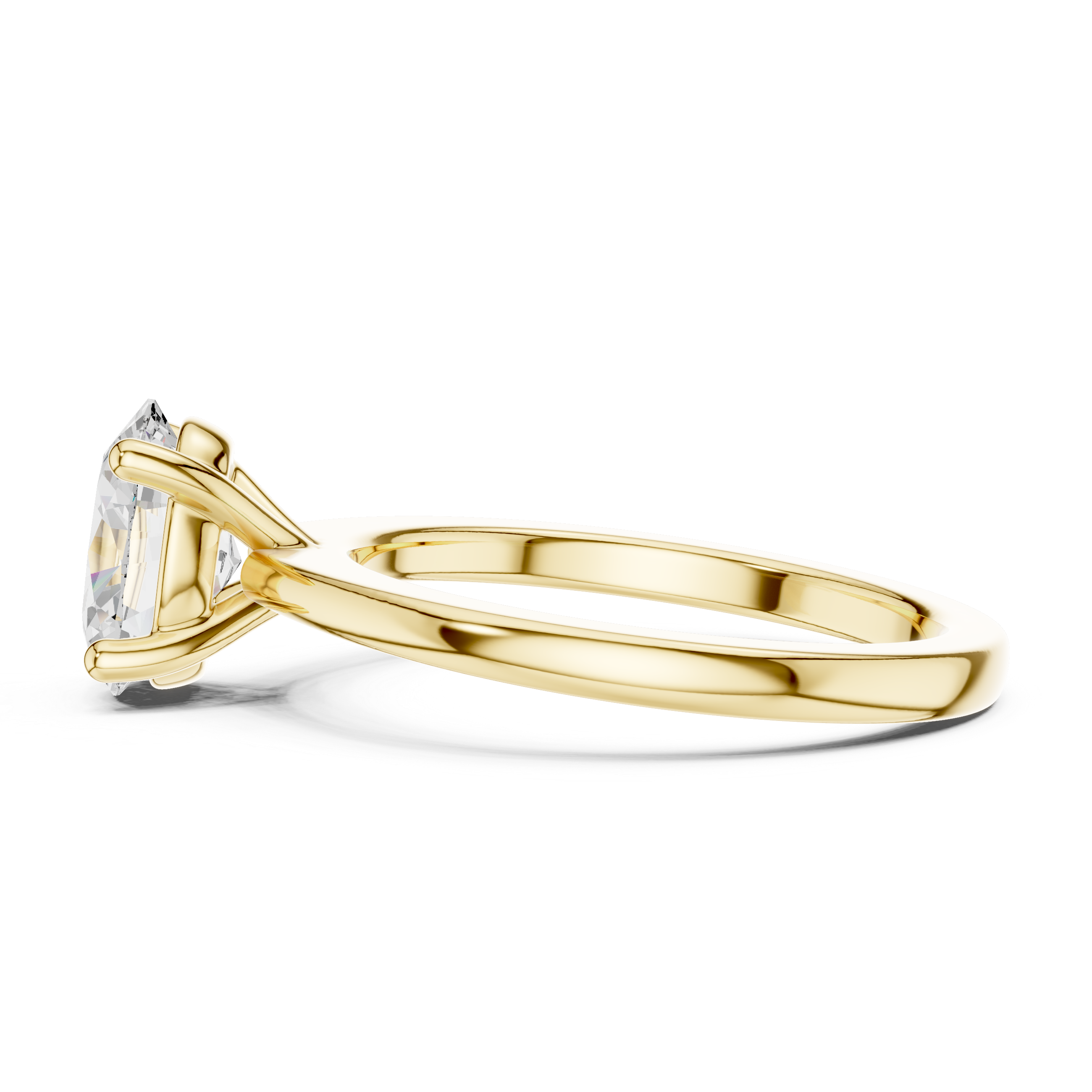 Side View: Yellow gold prong set oval ring with refined feminine silhouette
