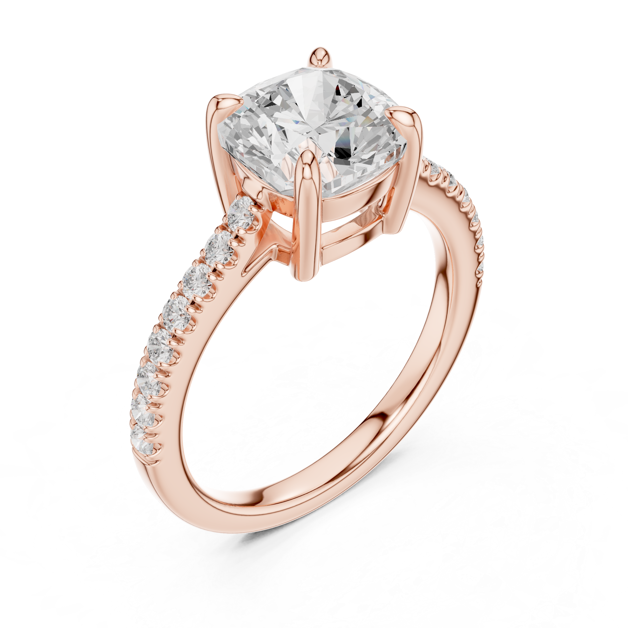 Angled rose gold cushion cut engagement ring sparkling pavé band