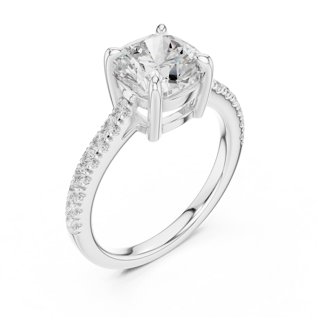 Angled view white gold cushion cut engagement ring with sparkling pavé band