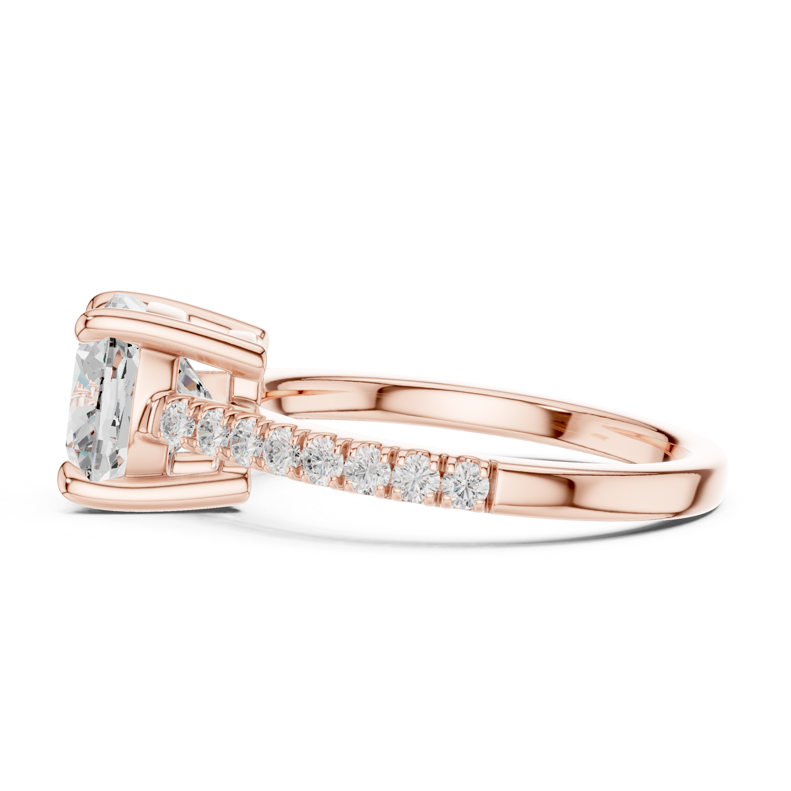 Rose gold cushion cut solitaire ring with pavé band side detail