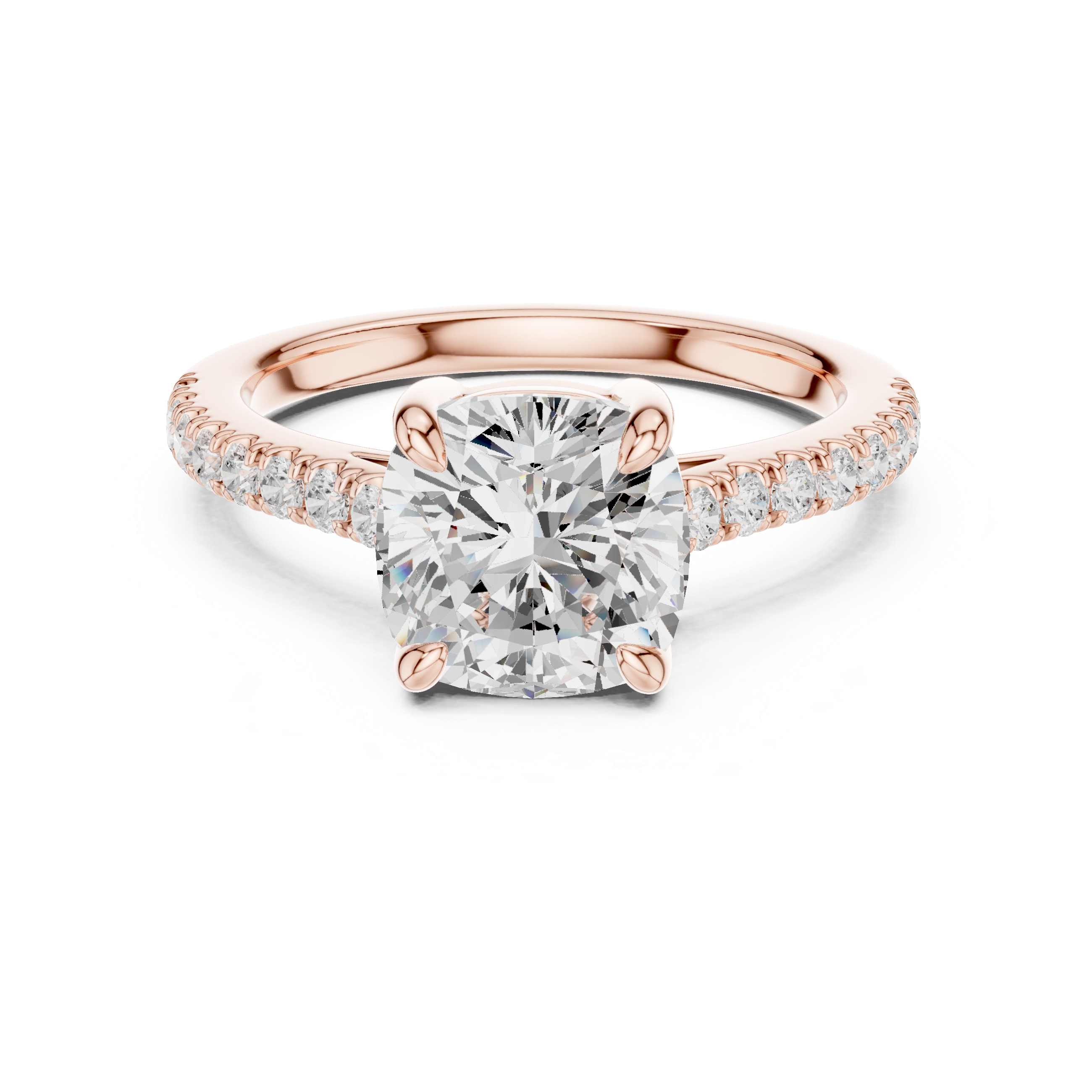 Mozow X 2.00 CT cushion cut moissanite engagement ring in rose gold front view