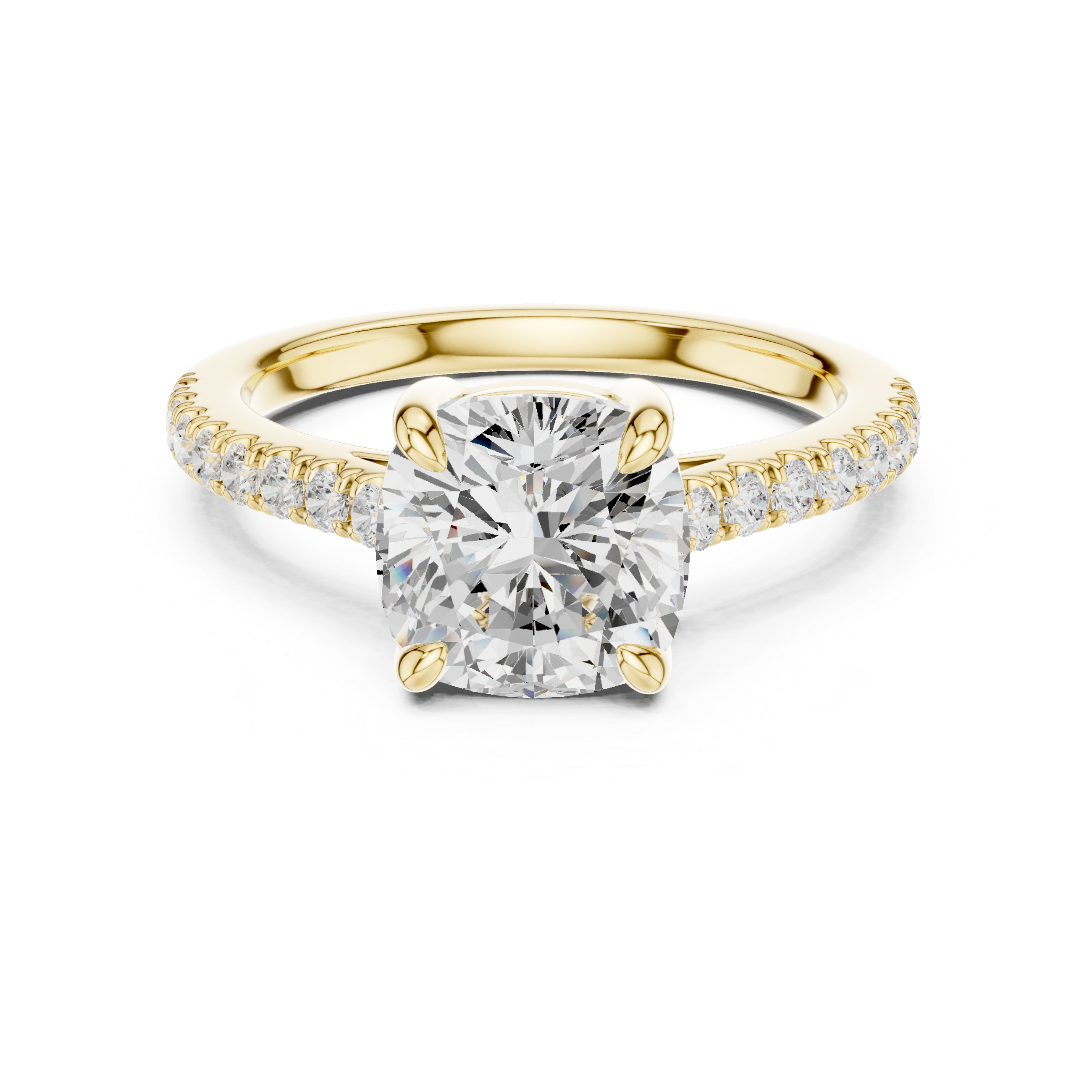 Mozow X 2.00 CT cushion cut moissanite engagement ring in yellow gold front view