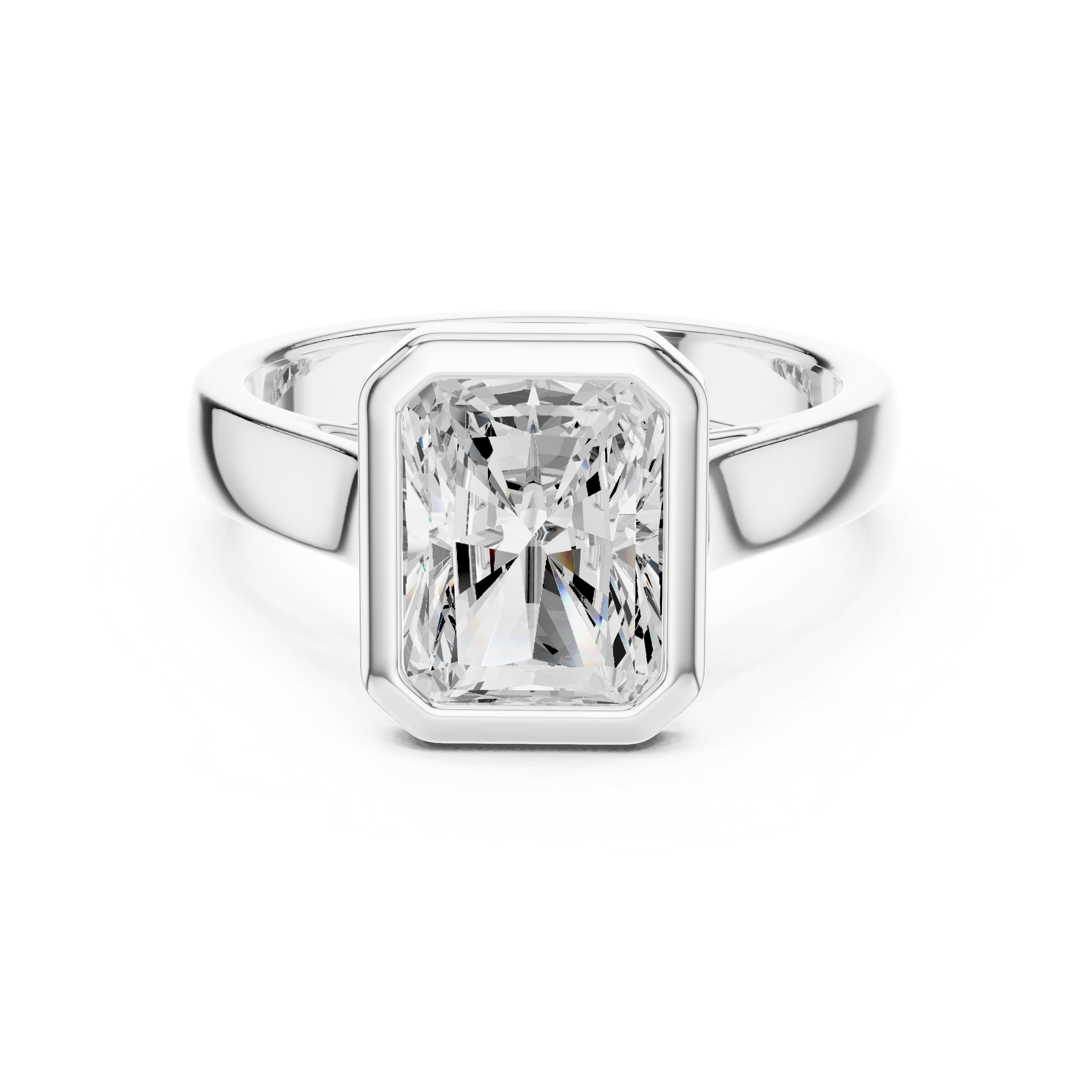 White gold radiant cut men’s ring with clean light bezel frame and sharp rectangular center stone