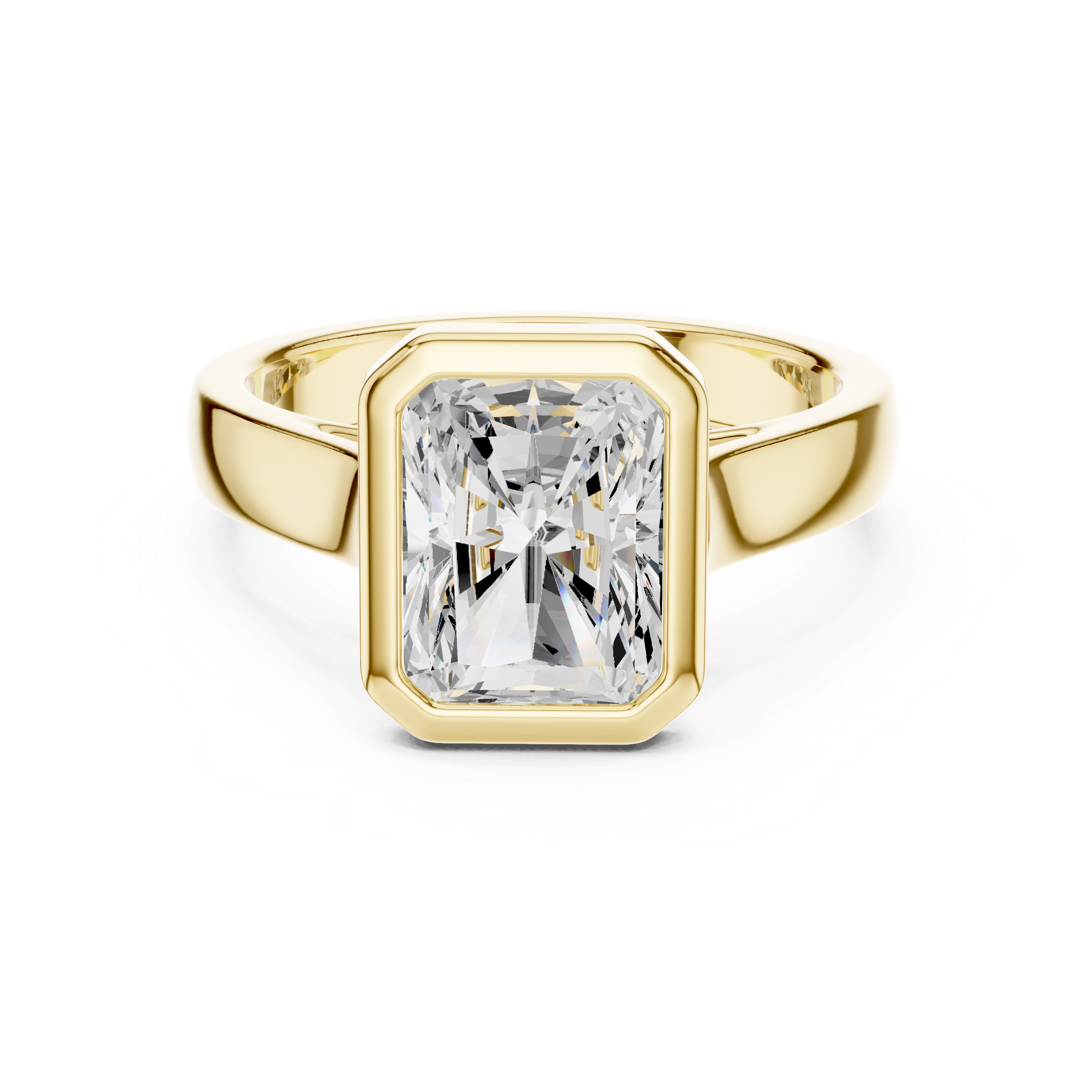 Yellow gold radiant cut men’s ring with strong bezel border and luxury high polish finish