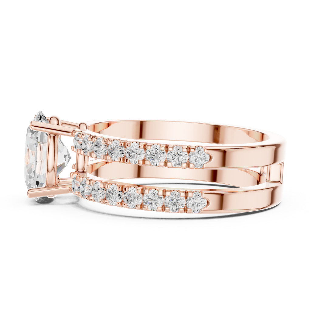 Rose gold ring with diamond accents on a white background