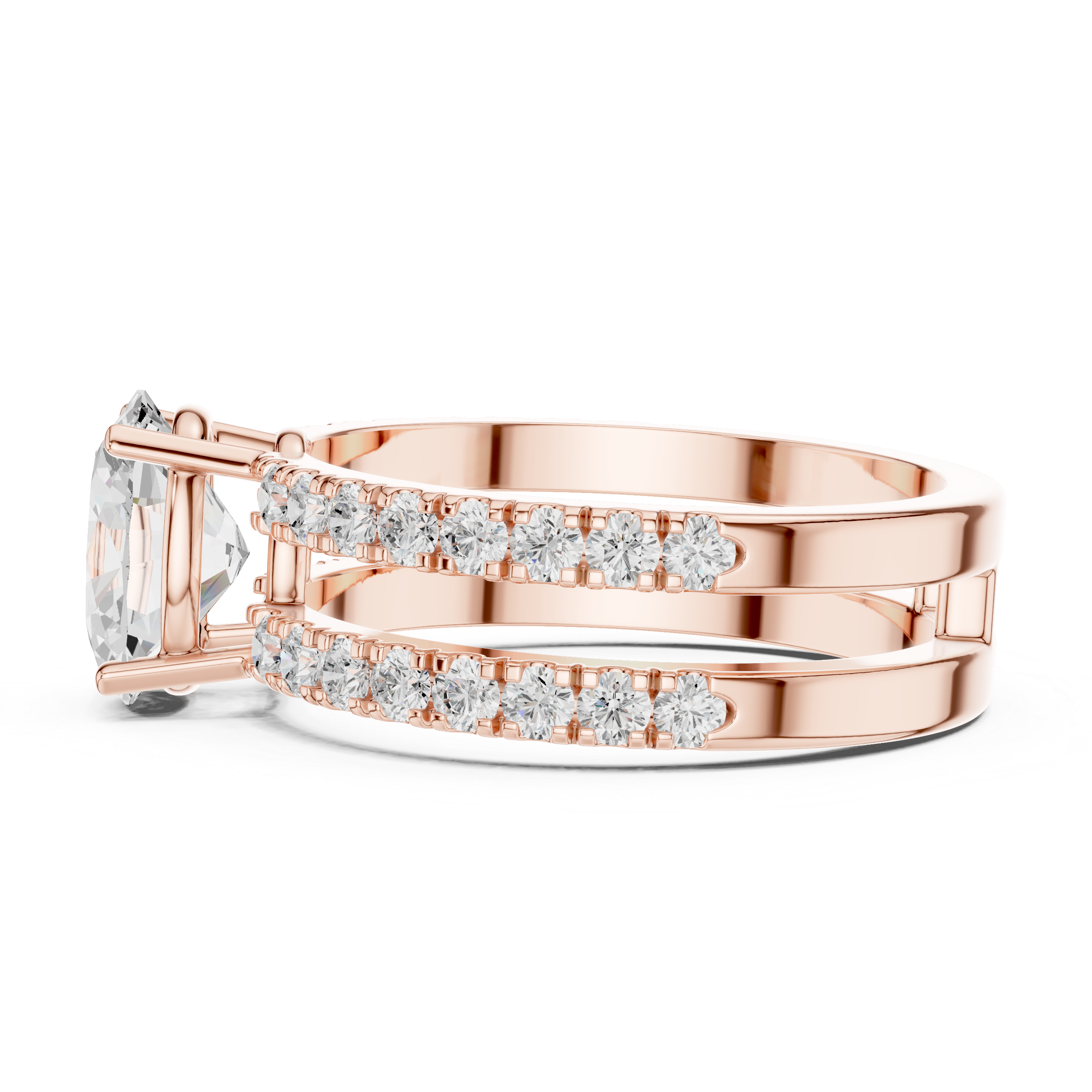 Rose gold ring with diamond accents on a white background