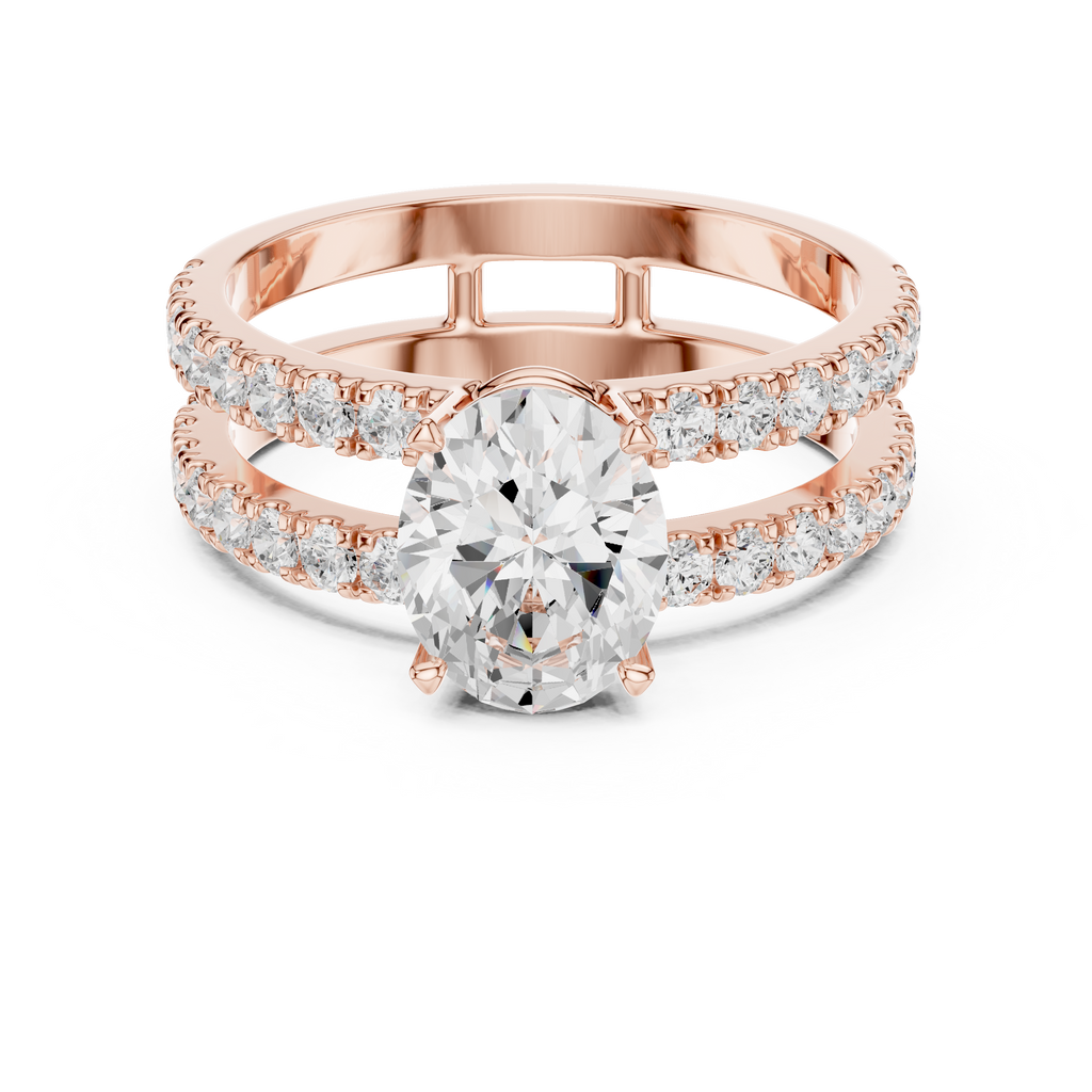 rose gold oval moissanite ring front view split band design