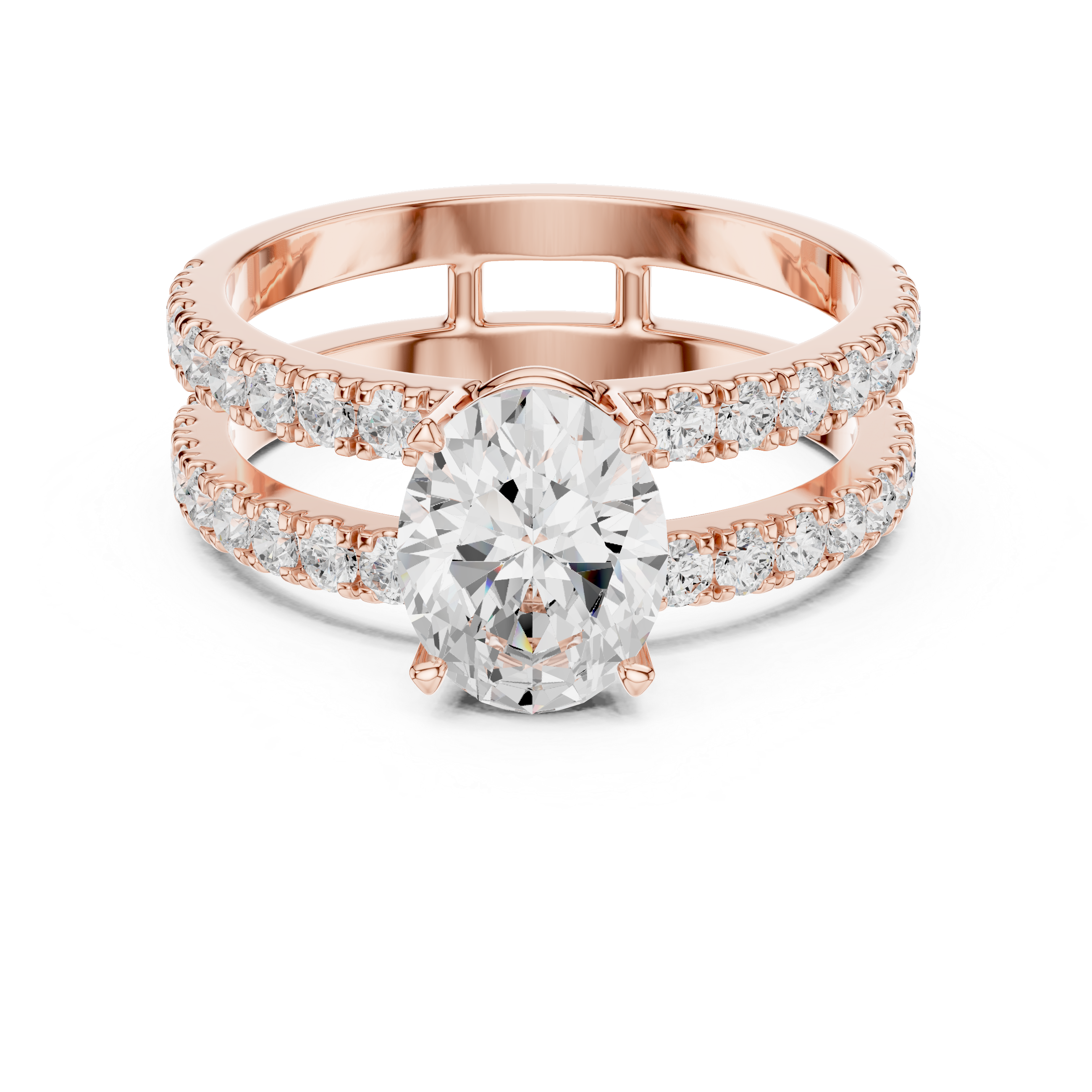 rose gold oval moissanite ring front view split band design