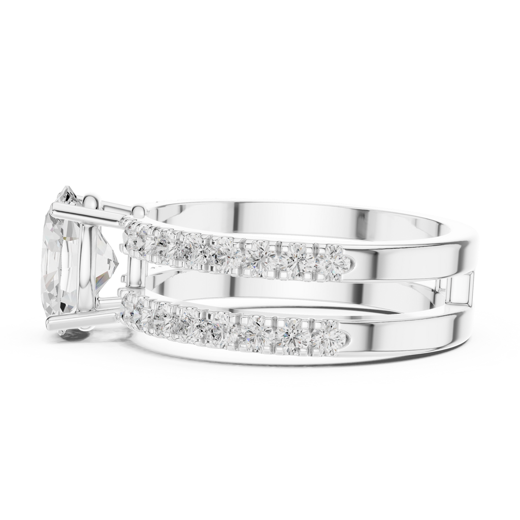 Silver ring with diamond accents on a white background