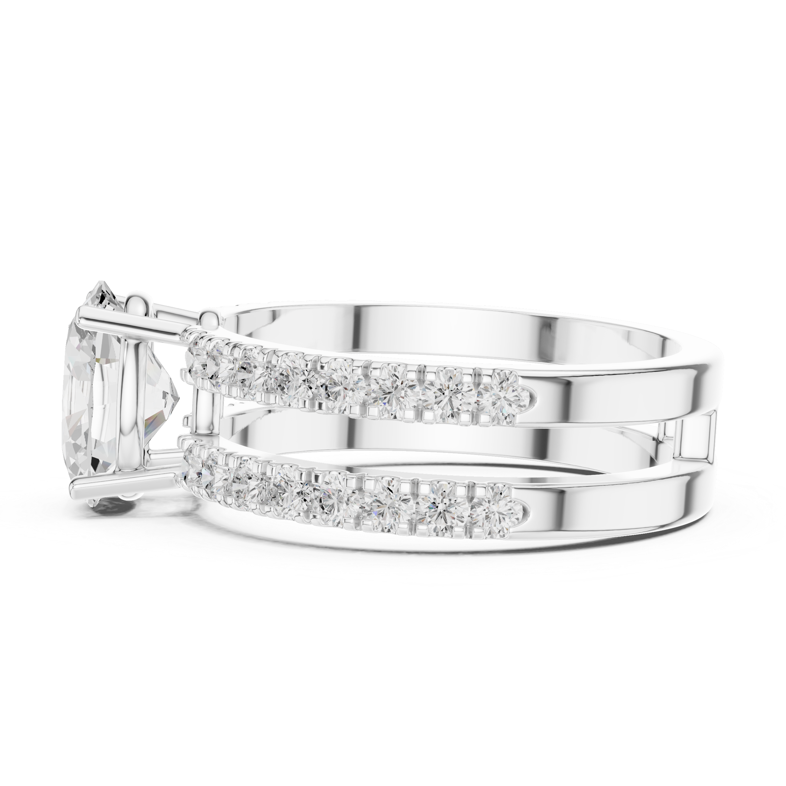 Silver ring with diamond accents on a white background