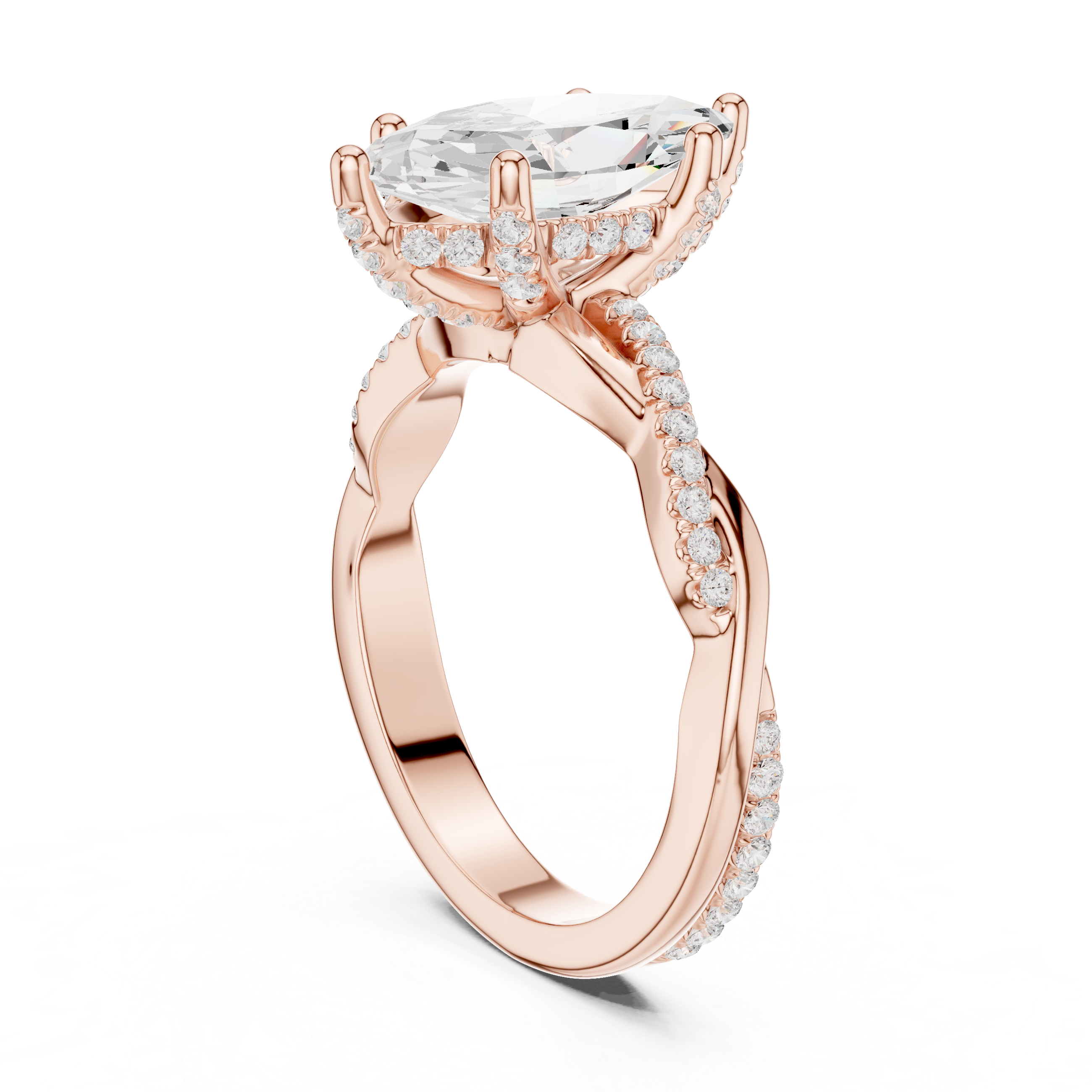 mozow x rose gold marquise moissanite engagement ring angled perspective twisted shank