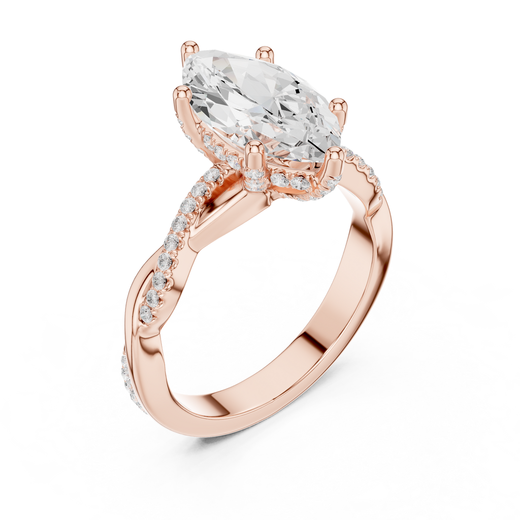 mozow x rose gold marquise moissanite twisted band ring top view brilliant center stone