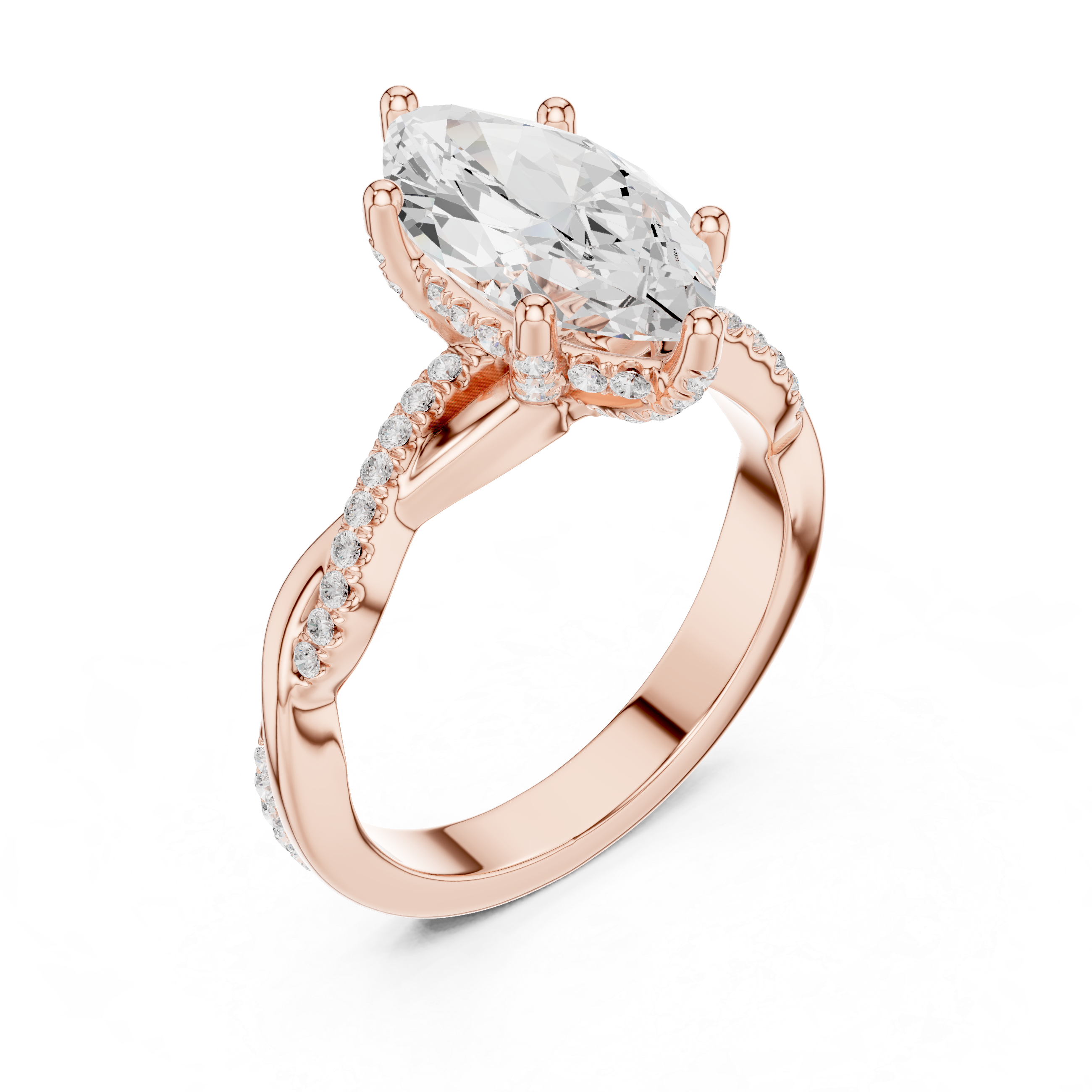 mozow x rose gold marquise moissanite twisted band ring top view brilliant center stone