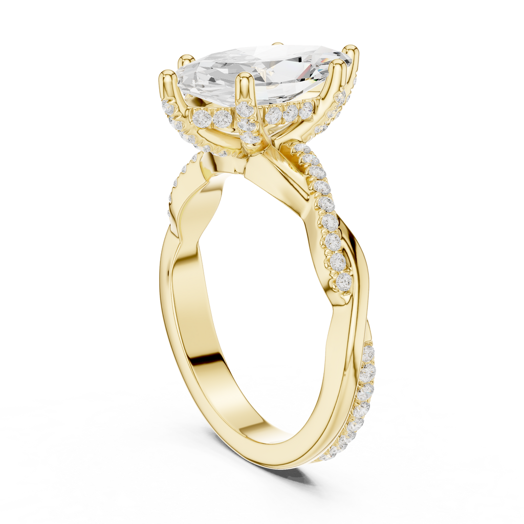 mozow x yellow gold marquise moissanite ring angled view elegant pave shank engagement ring