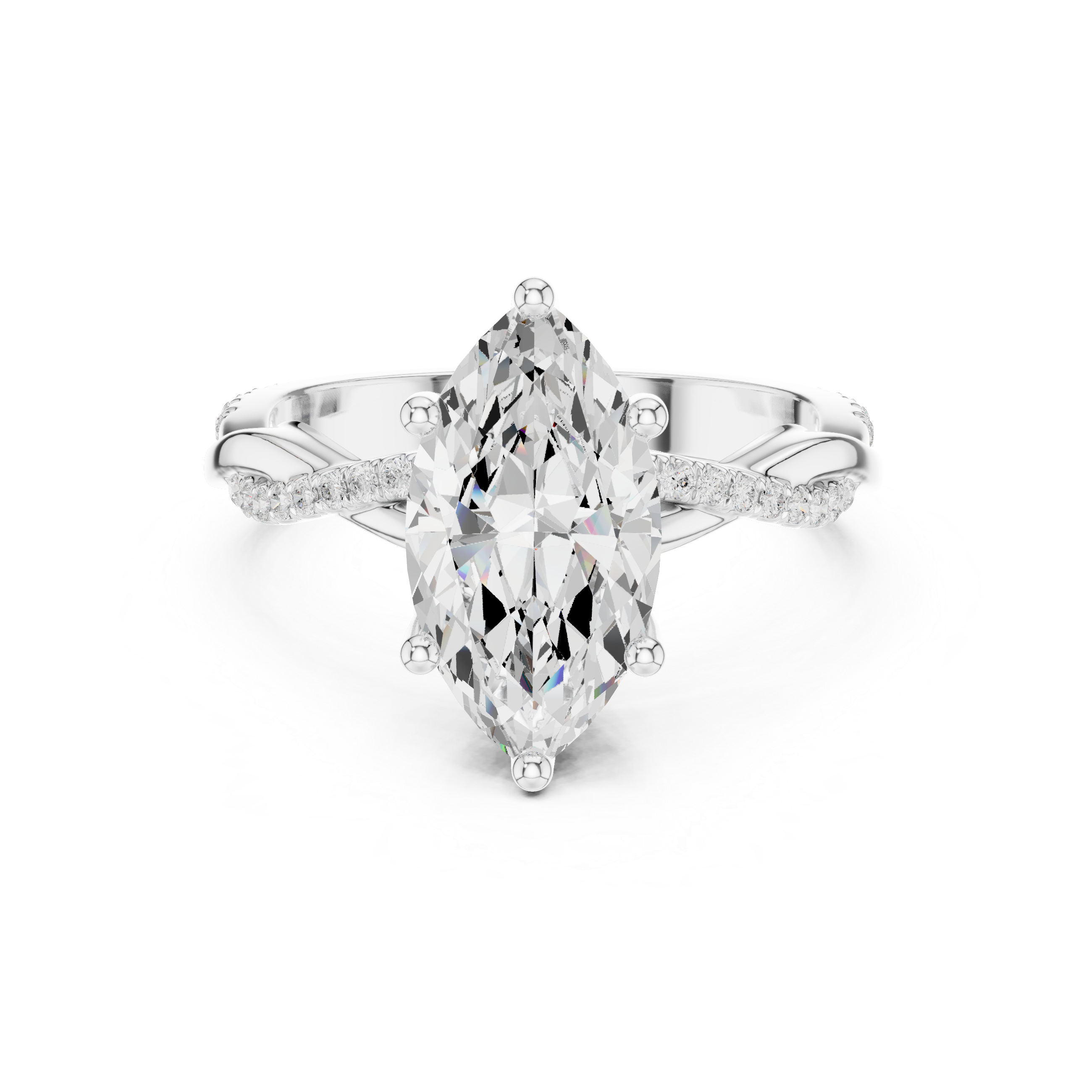 mozow x marquise moissanite twisted pave engagement ring white gold front view solitaire sparkle