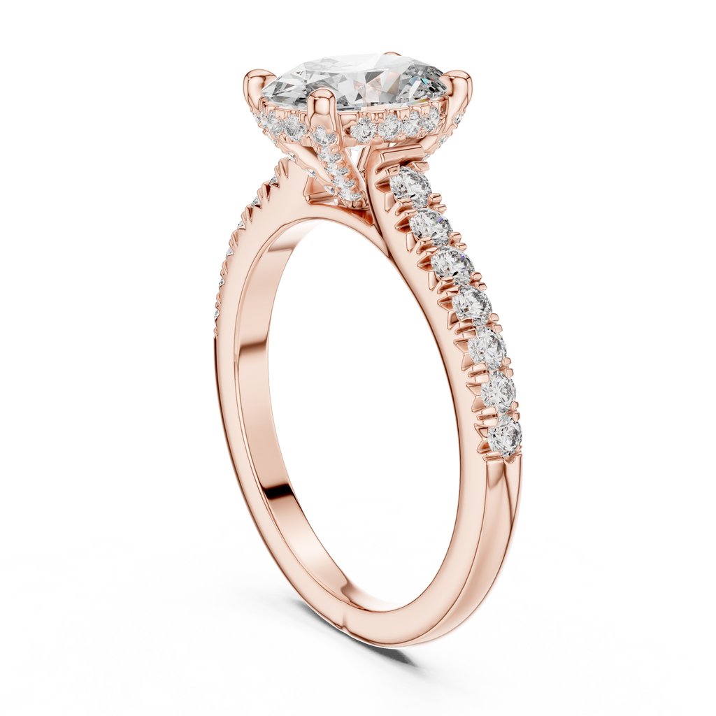 Angled view rose gold oval moissanite proposal ring modern bridal jewellery