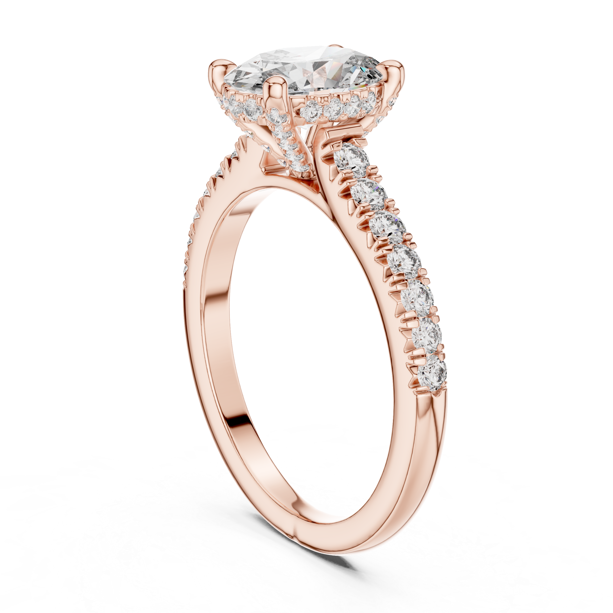 Angled view rose gold oval moissanite proposal ring modern bridal jewellery